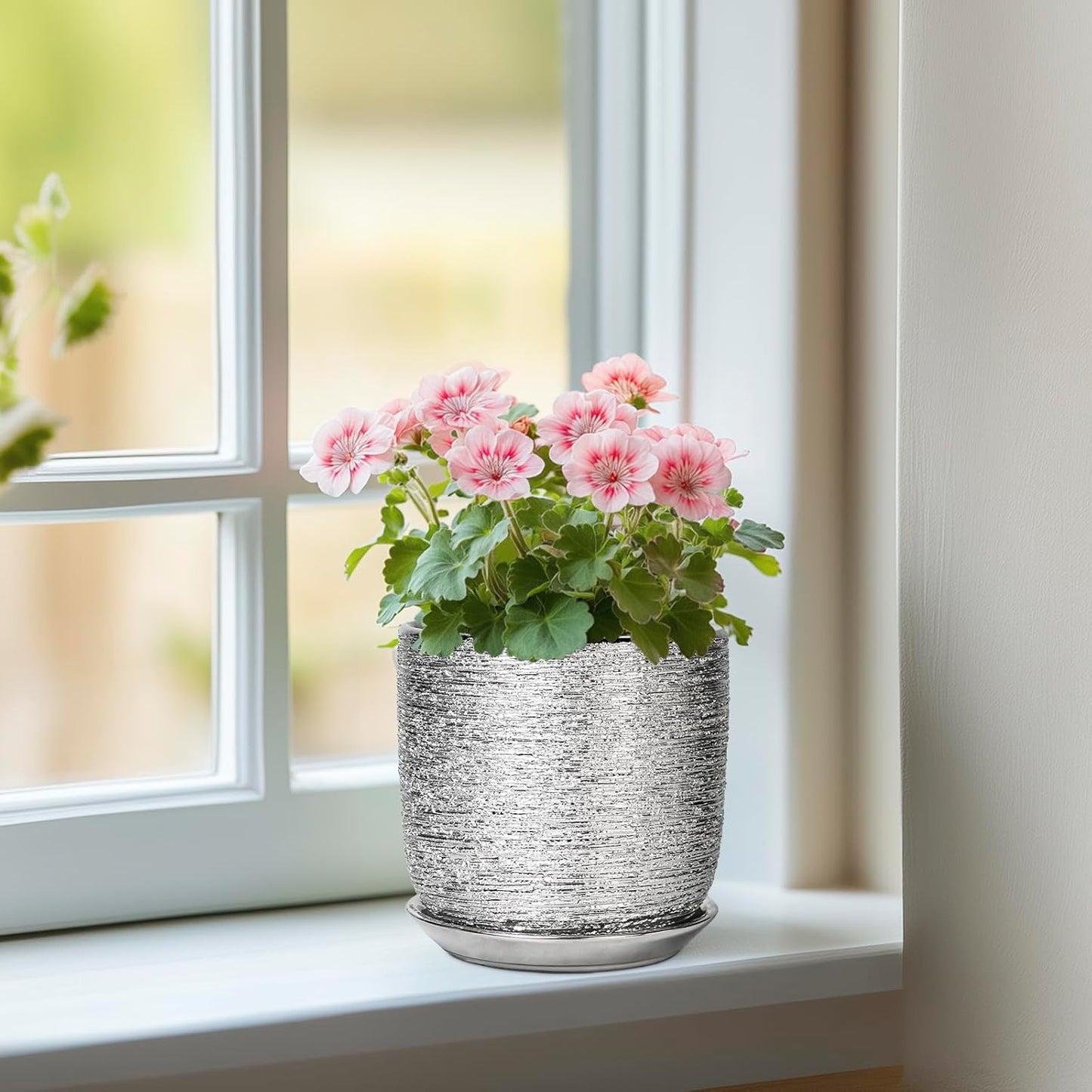 Ceramic Plant Pot 5 Inch - Indoor Planter with Drainage Hole and Saucer, Round Modern Flower Pot for Succulent Plants, Housewarming Gifts, Office Home Desk Decor, Silver