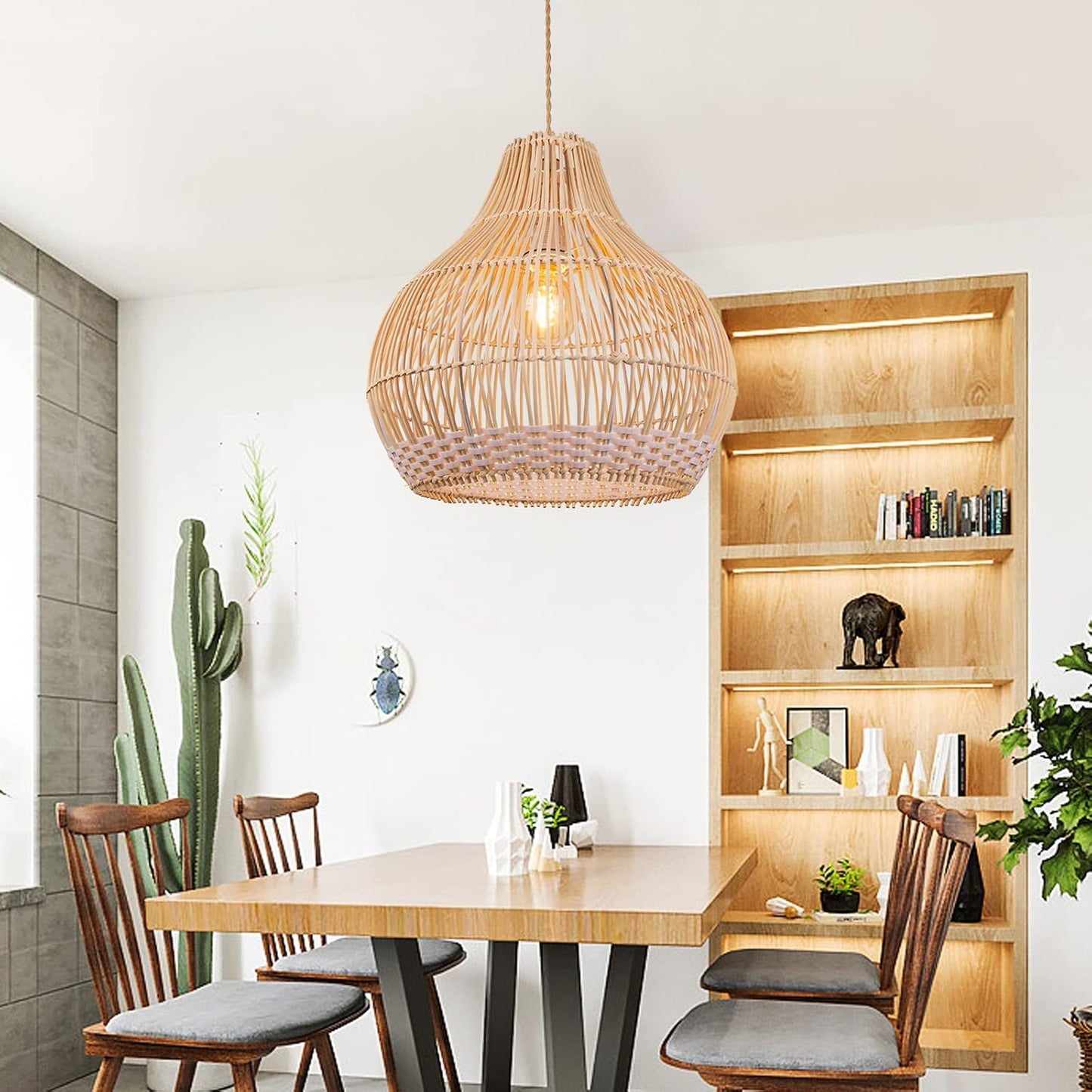 Arturesthome 1 Light Coastal Rattan Pendant Light for Kitchen Island White,Wicker Chandelier,Handmade Woven Hanging Ceiling Lighting Fixtures Lampshade for Living Room Bedroom