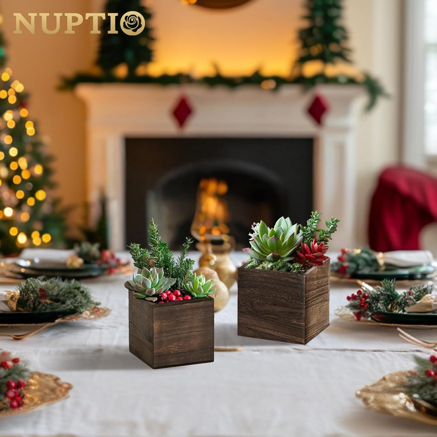 NUPTIO Wooden Box for Centerpiece Wedding: 6 Pcs Rustic Square Planter Box for Christmas Centerpiece Table Fall Decorations - 4×4" & 5×5" Small Wood Vases Flower Pots for Windowsill Home Garden Decor