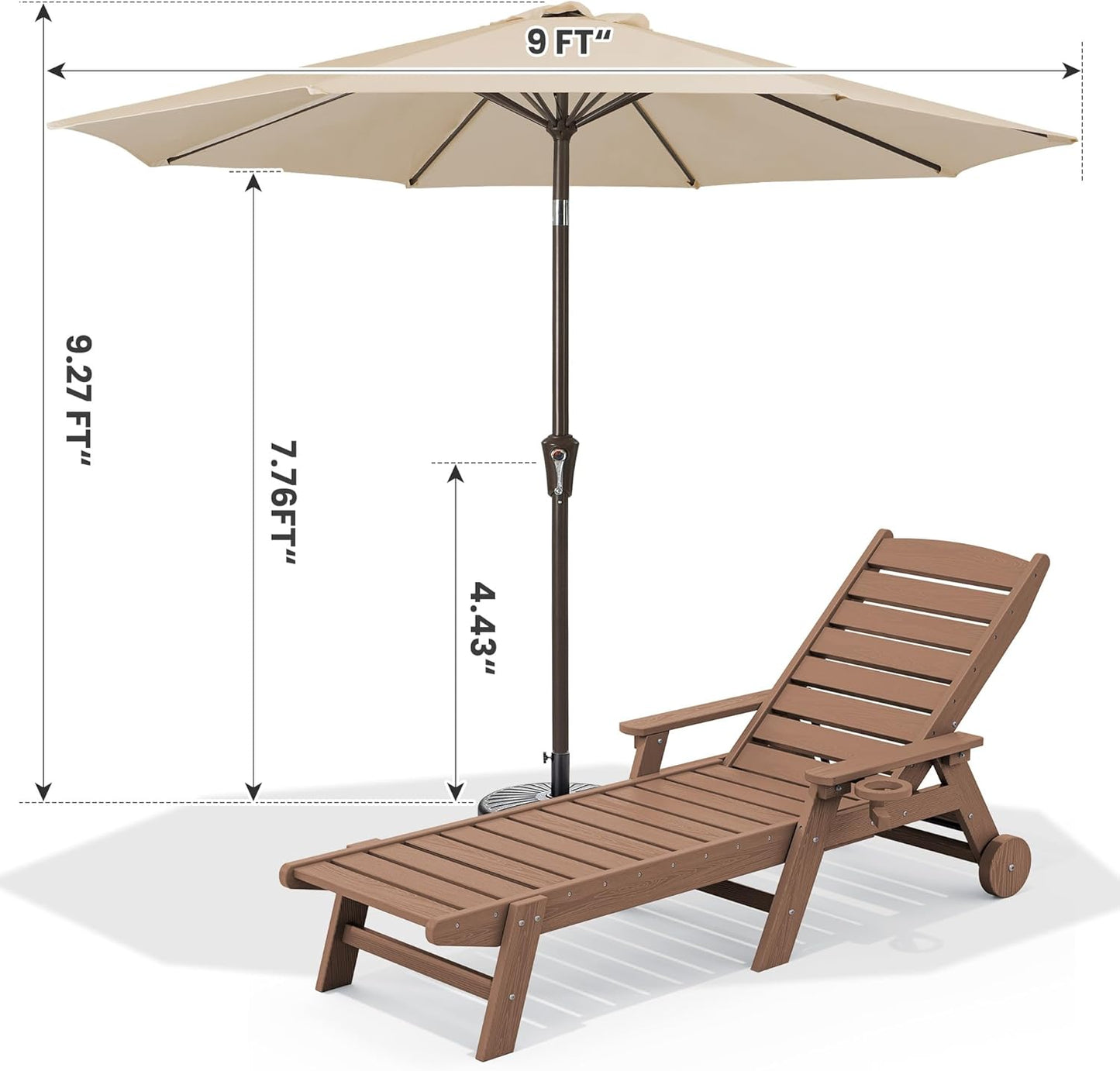 SERWALL Patio Chaise Lounge Chair Set of 2 with 9FT Patio Umbrella, 78'' HDPE Outdoor Lounger, Poly Lounge Chair with Rolling Wheels & Cup Holder for Pool,Wooden Brown (Umbreall Base not Included)