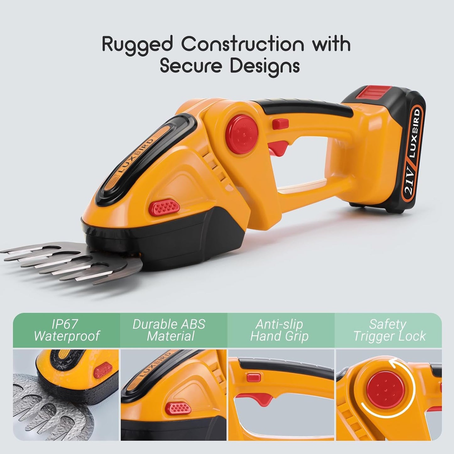 LUXBIRD 2-in-1 Mini Hedge Trimmer Cordless,Light Handheld Grass Trimmer, Electric Shrub Trimmer with 2Pcs Rechargeable Batteries and Case (Yellow)