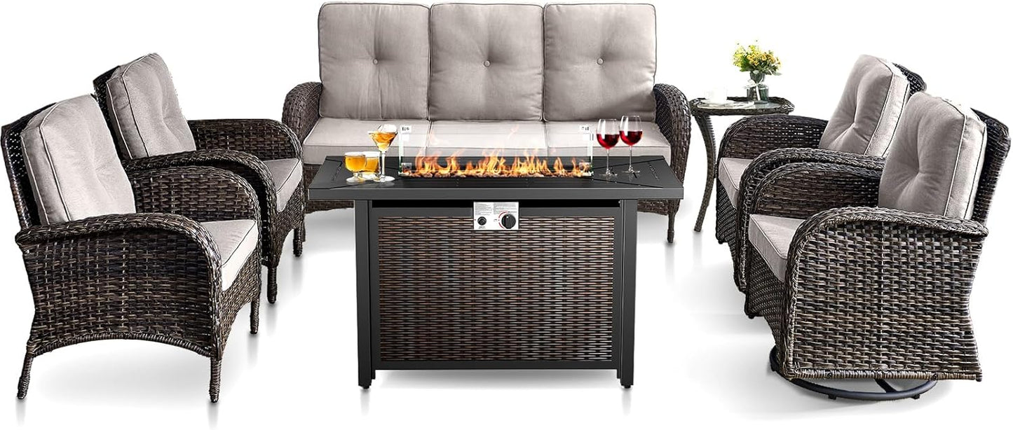 HUMMUH 7 Piece Patio Furniture Set with Fire Pit Table,Wicker Patio Swivel Rocker Outdoor Chairs 3-Seat Sofa for Porch,Poolside,Deck