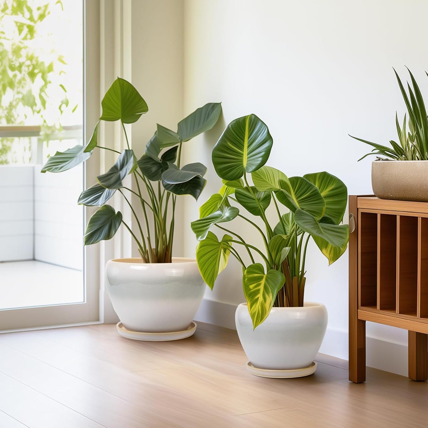 Ceramic Flower Pots, Modren Round 10 Inch 8 Inch 6 Inch Planters with Drainage Holes and Plant Saucers for Indoor Outdoor Flower, Garden Decor, Gifts for Plant Lovers, Set of 3, White-Grey