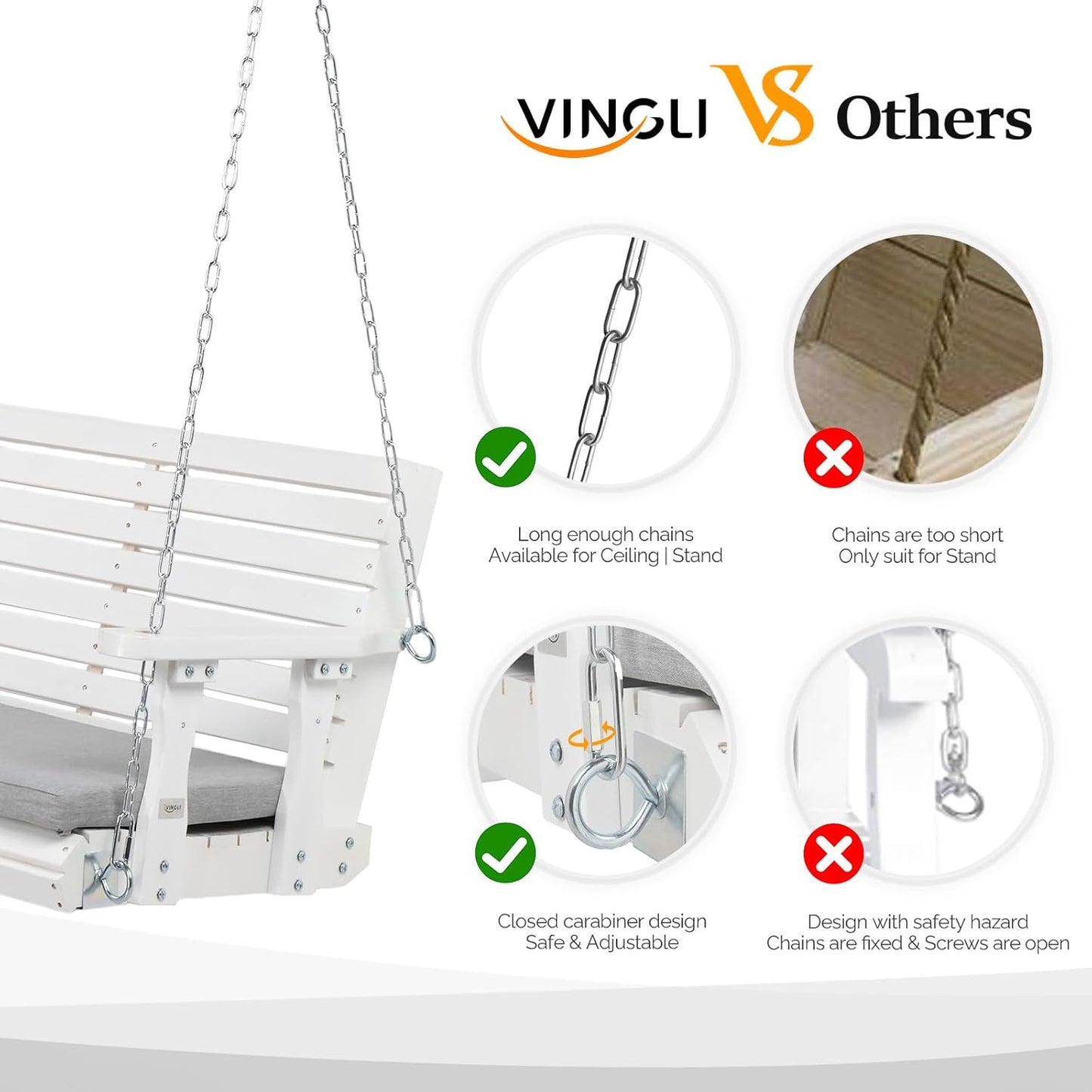 VINGLI Heavy Duty 880 LBS Patio Wooden Porch Swing Outdoor with Extra Cushion, Farmhouse Hanging Bench Tree Swing with Adjustable Chains for Yard | Garden | Lawn | Balcony (5 FT, White)