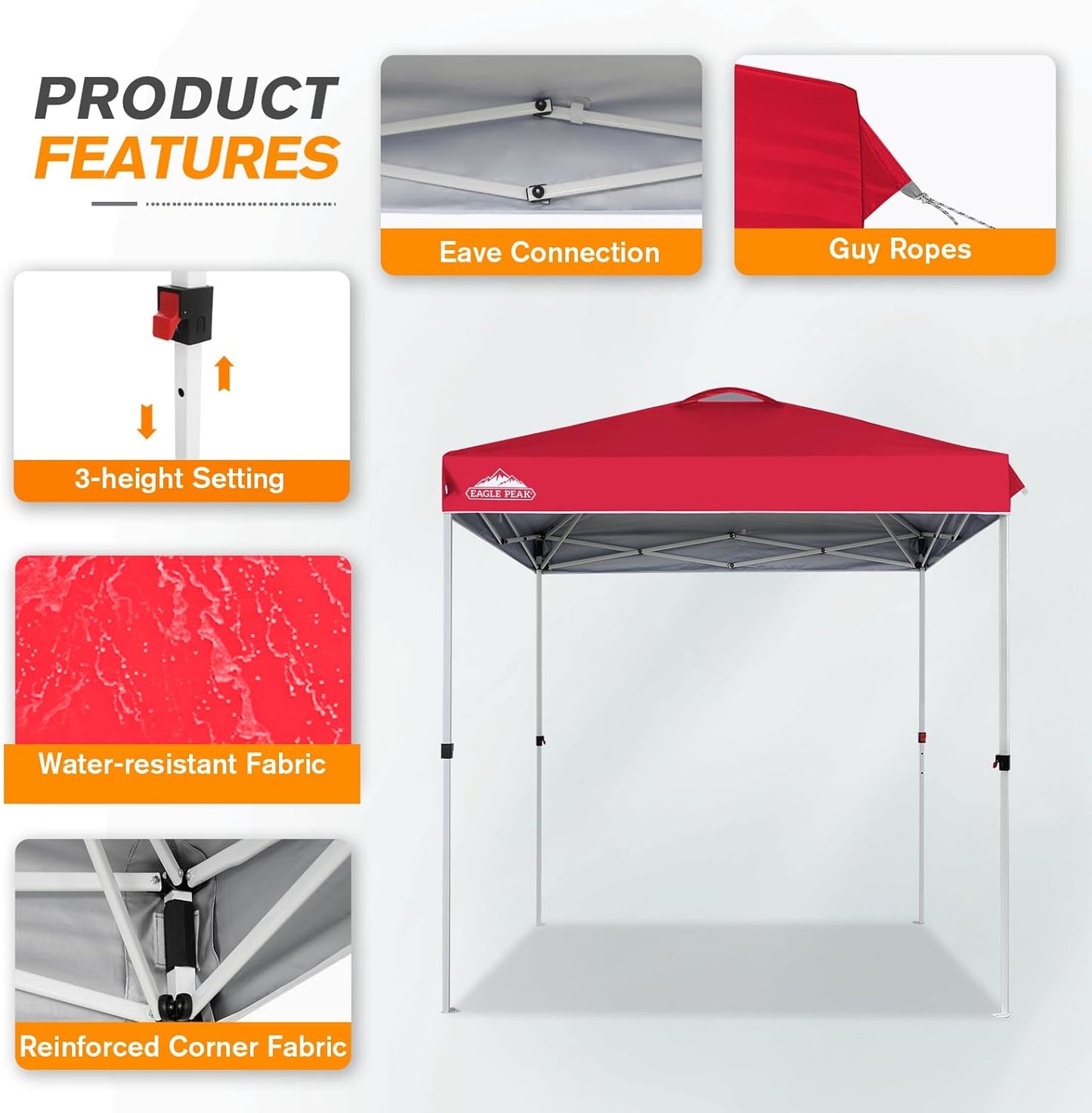 EAGLE PEAK Pop Up Canopy Tent with Wheeled Carry Bag, 8 Stakes, 4 Ropes, Easy Set Up Tent Canopy, 6.6x6.6 ft, Red