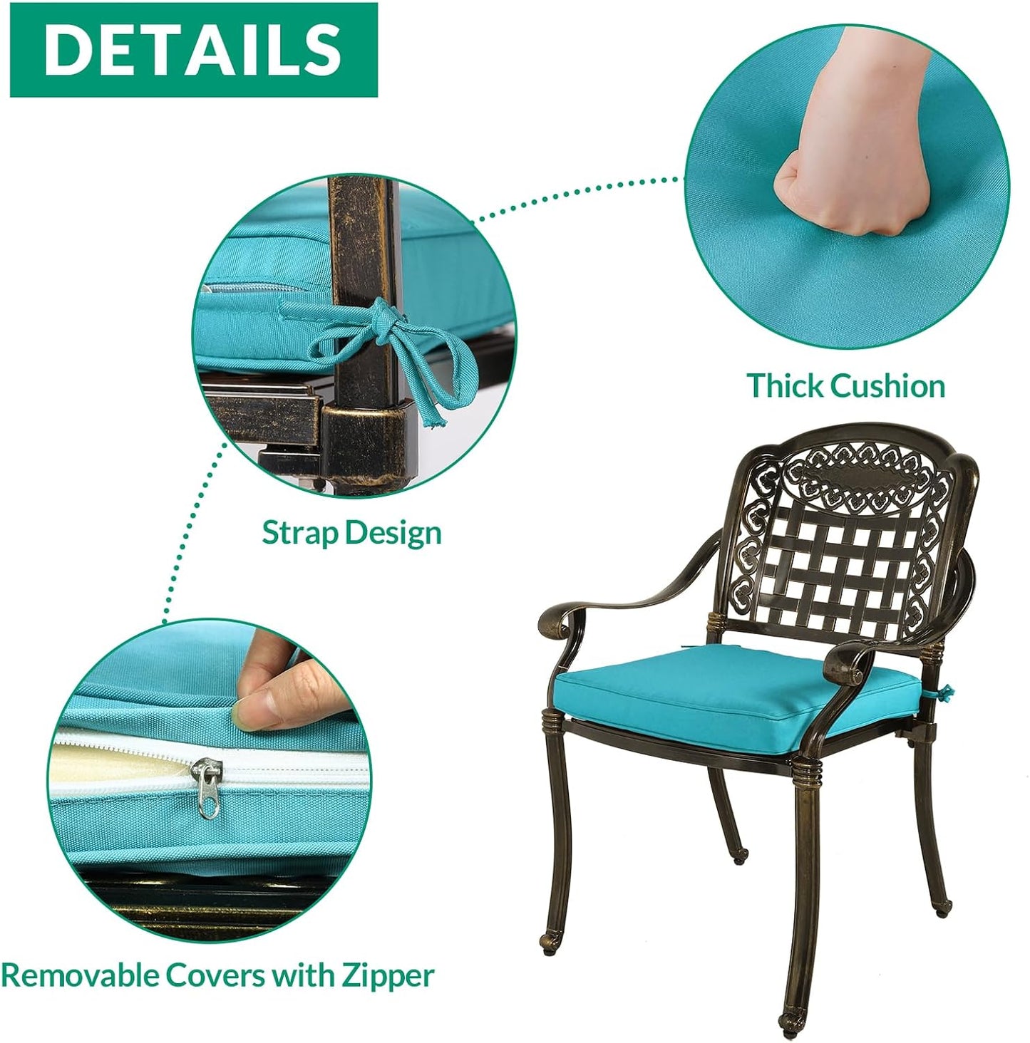 VIVIJASON 3-Piece Patio Bistro Set, All-Weather Cast Aluminum Outdoor Furniture Dining Sets Include 2 Cushioned Chairs and 31" Round Table w/Umbrella Hole for Balcony, Backyard, Ocean Blue Cushion