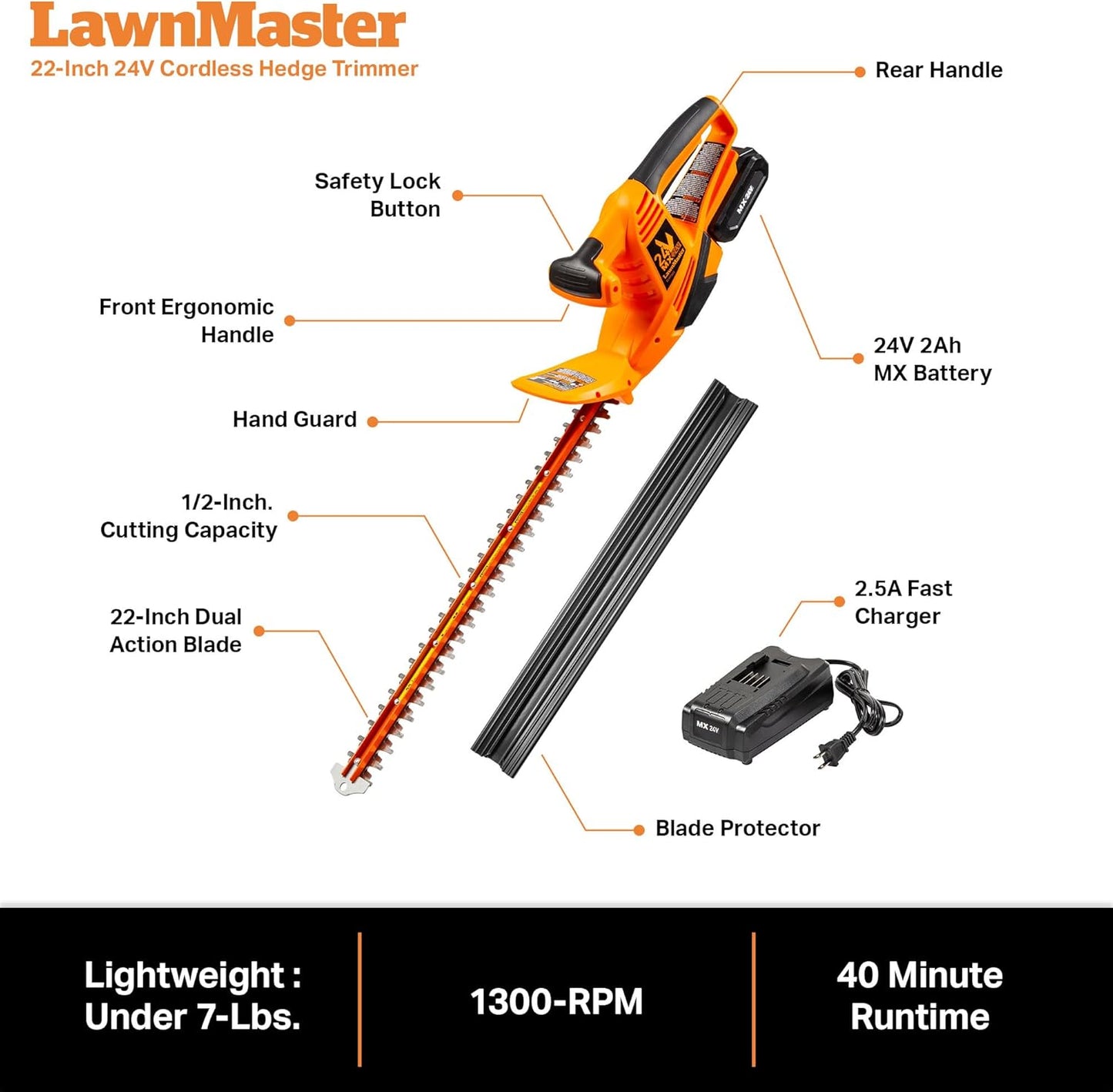 LawnMaster CLHT2422 Cordless Hedge Trimmer 24V Max with 2.0Ah Battery and a Charger