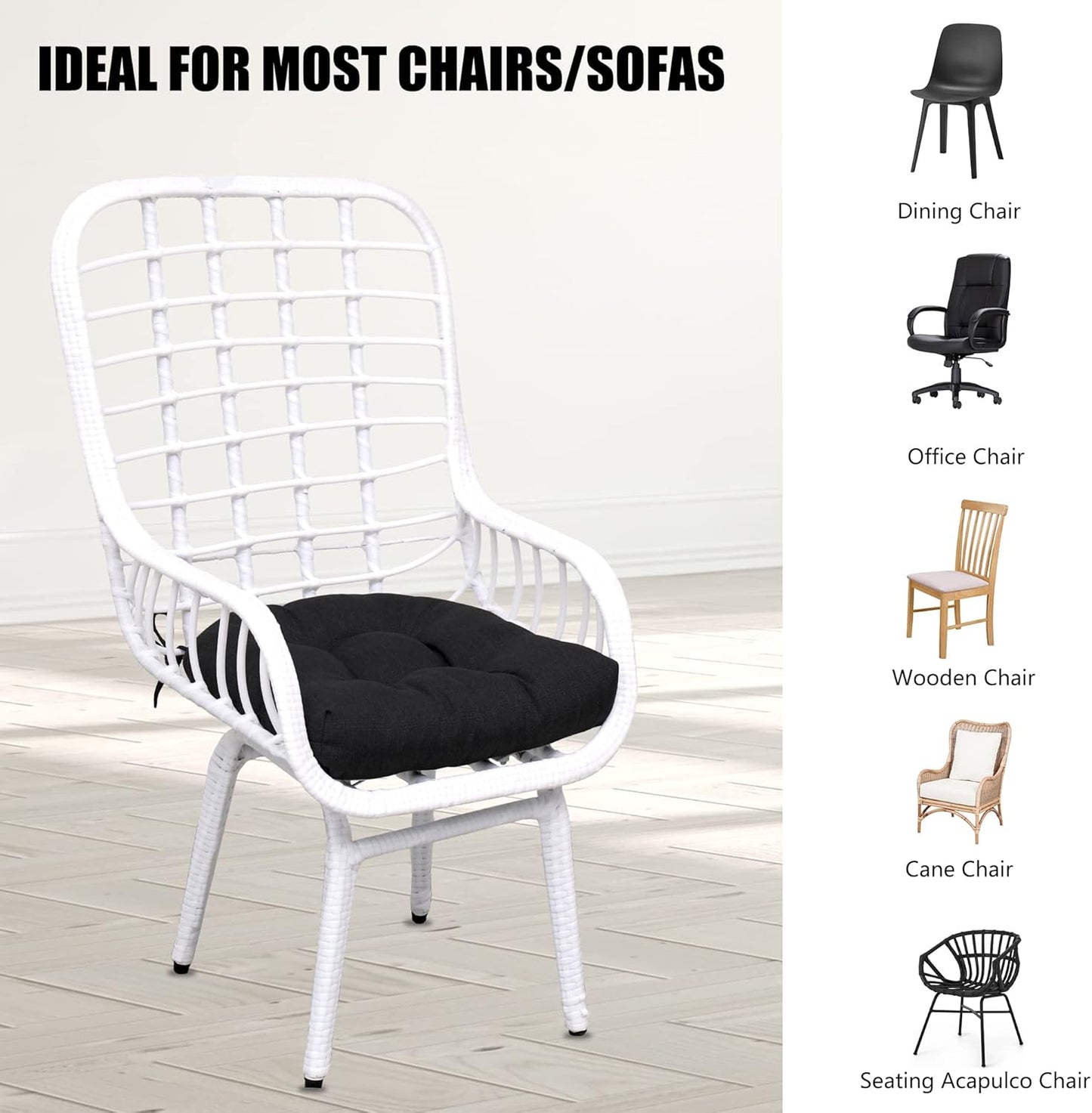 RACE LEAF Outdoor Cushions 19" x 19" Patio Chair Seat Pads, Set of 2 Thick Fill Tufted Square Patio Cushions, Water-Resistant Olefin Chair Seat Cushion with Ties for Non-Slip Support, Black