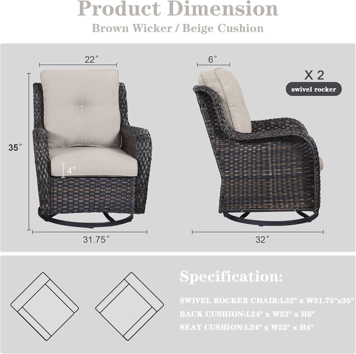 Outdoor Swivel Rcoker Patio Chairs - Outdoor Swivel Patio Chairs Set of 2 Wicker Chair Patio Furniture Sets with Covered Cushion for Porch Deck Balcony Garden, Beige