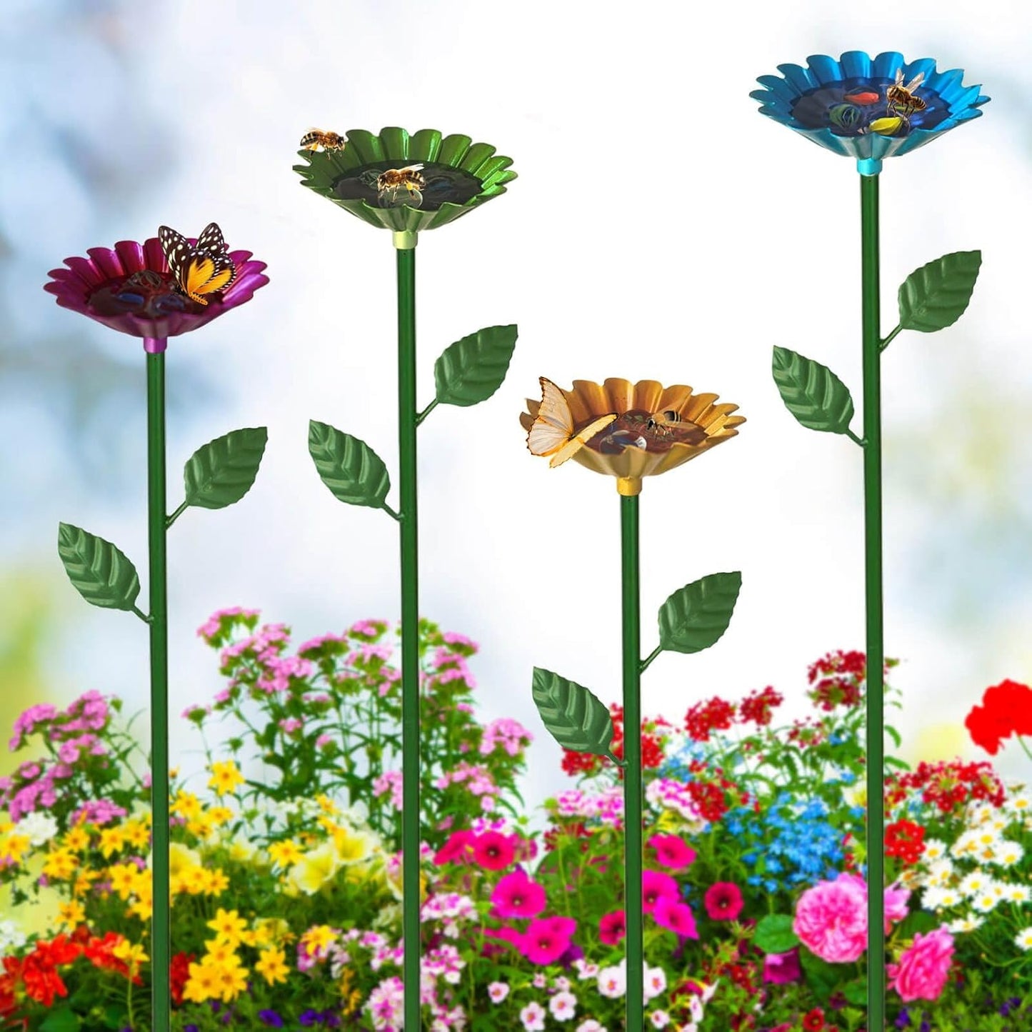 4 Pack Bee Watering Station, Bee Baths for Garden with Glass Marbles, Colorful Metal Butterfly Bird Water Feeder Supplies for Outdoor Garden Yard Farm Decor Flower Design (Green,Red,Blue,Yellow)