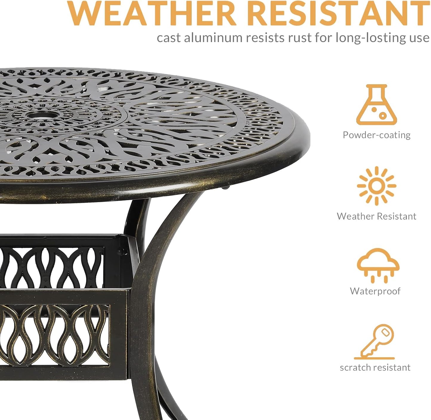 3-Piece Outdoor Patio Dining Set, All-Weather Cast Aluminum Patio Furniture Set for Backyard Garden Deck with 2 Cushioned Chairs and 35.4” Round Table, 2" Umbrella Hole