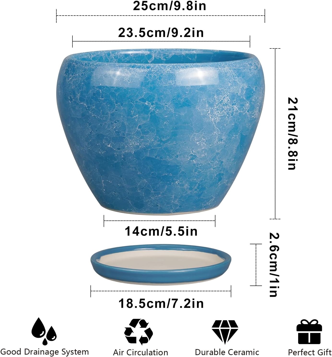 10 Inch Planter Pot - Ceramic Pots for Plants with Drainage Hole and Saucer, Round Large Flower Pot for Indoor Plants, Blue