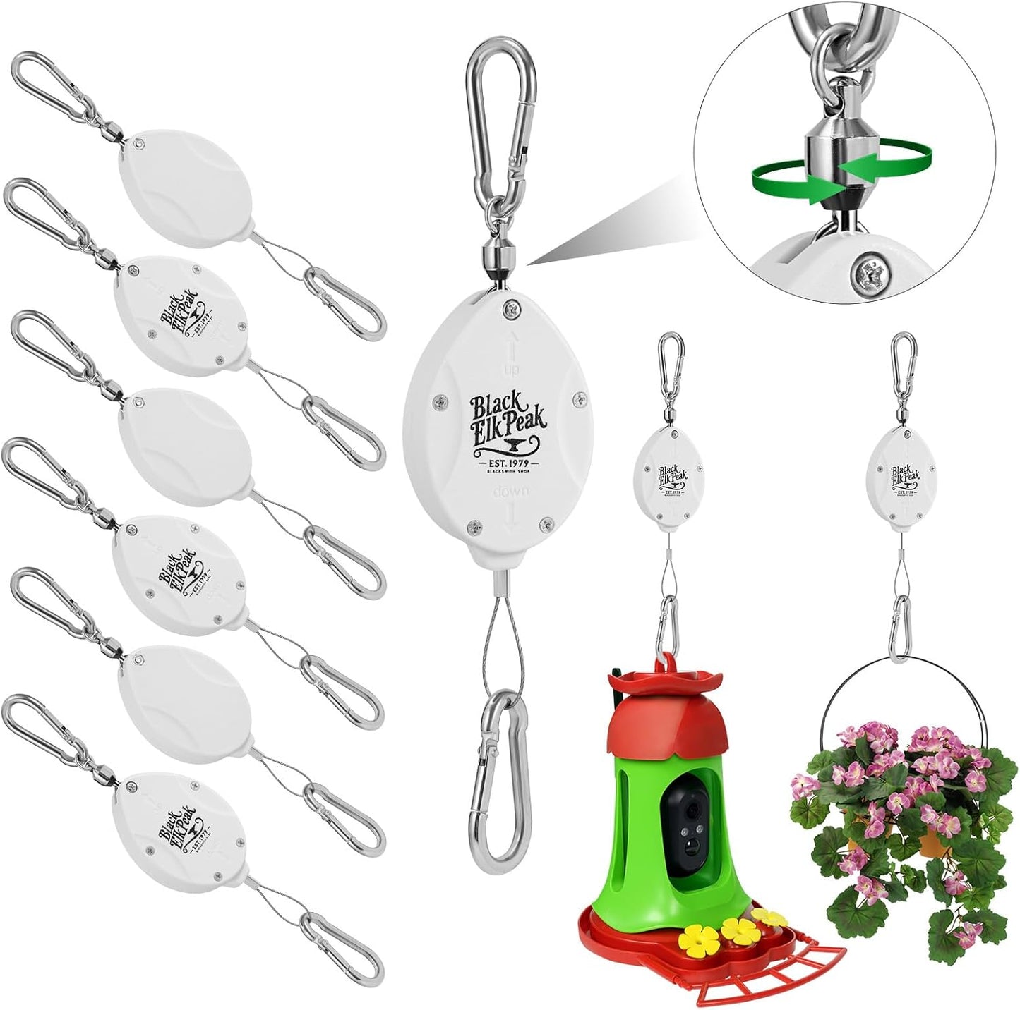 Plant Pulleys for Hanging Plants, Heavy Duty Retractable Hangers, 304 Stainless Steel Rope, Auto Plant Holder, Adjustable Climbing Hook for Garden Baskets Watering, or Bird Feeders (White-6)