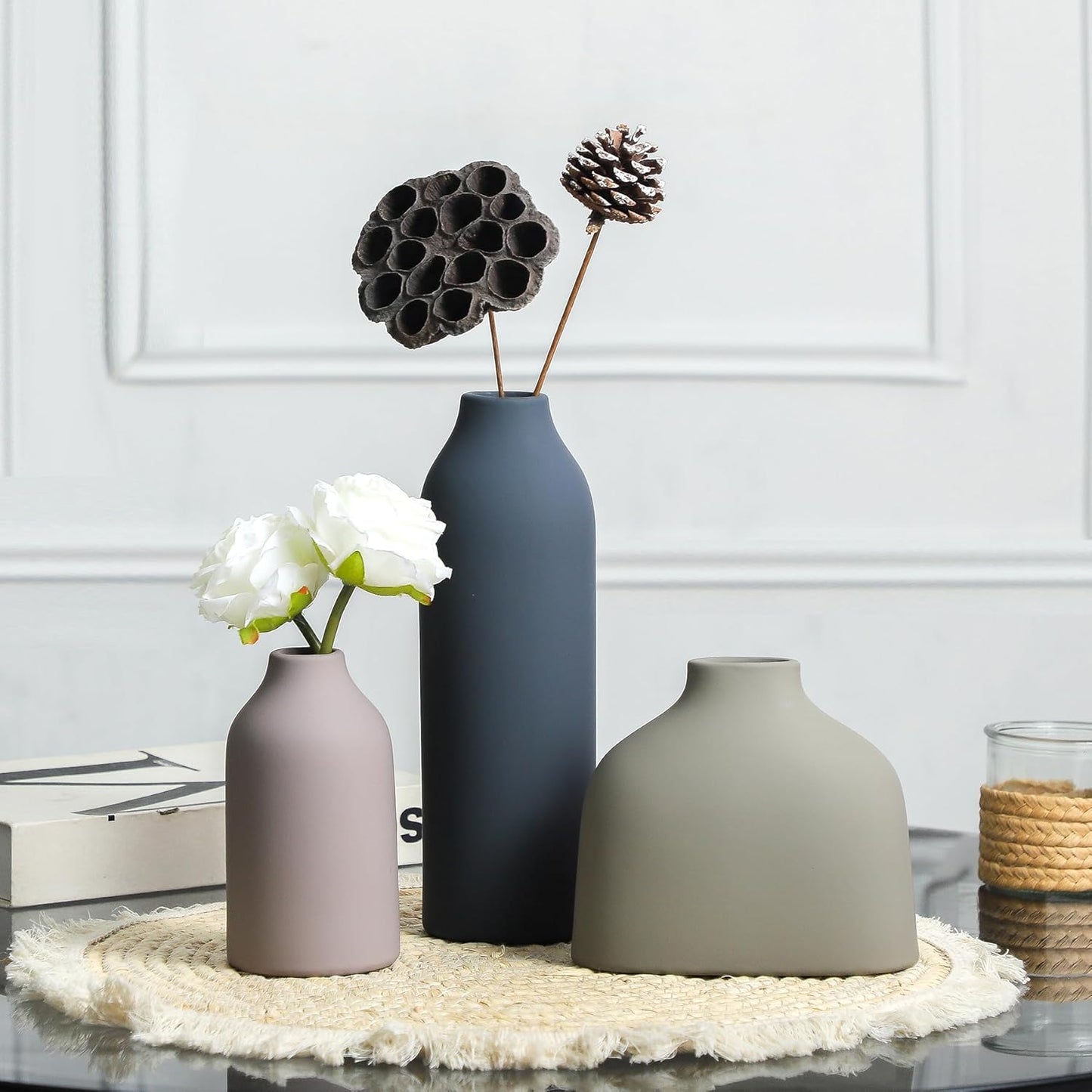 Ceramic Vase Set of 3,Flower Vase Home Decor,Modern Farmhouse Decor, Pampas Grass Dried Fresh Flowers,Bedroom,Living Room,Bookshelf Decoration, Centerpiece Table Boho Decor.