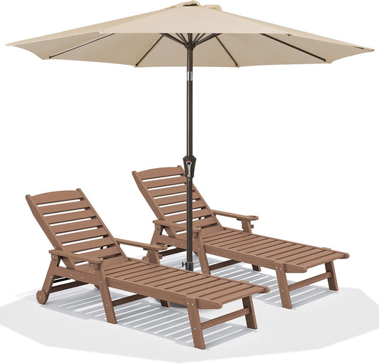 SERWALL Patio Chaise Lounge Chair Set of 2 with 9FT Patio Umbrella, 78'' HDPE Outdoor Lounger, Poly Lounge Chair with Rolling Wheels & Cup Holder for Pool,Wooden Brown (Umbreall Base not Included)