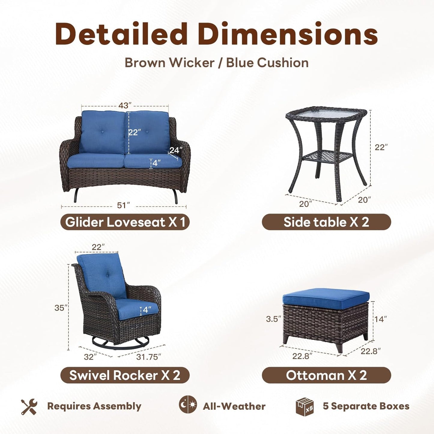Outdoor Patio Furniture Set - 7 Piece Brown Wicker Conversation Patio Furniture Set All Weather Swivel Chairs with Ottoman and Loveseat Glider Chair for Deck Balcony Backyard