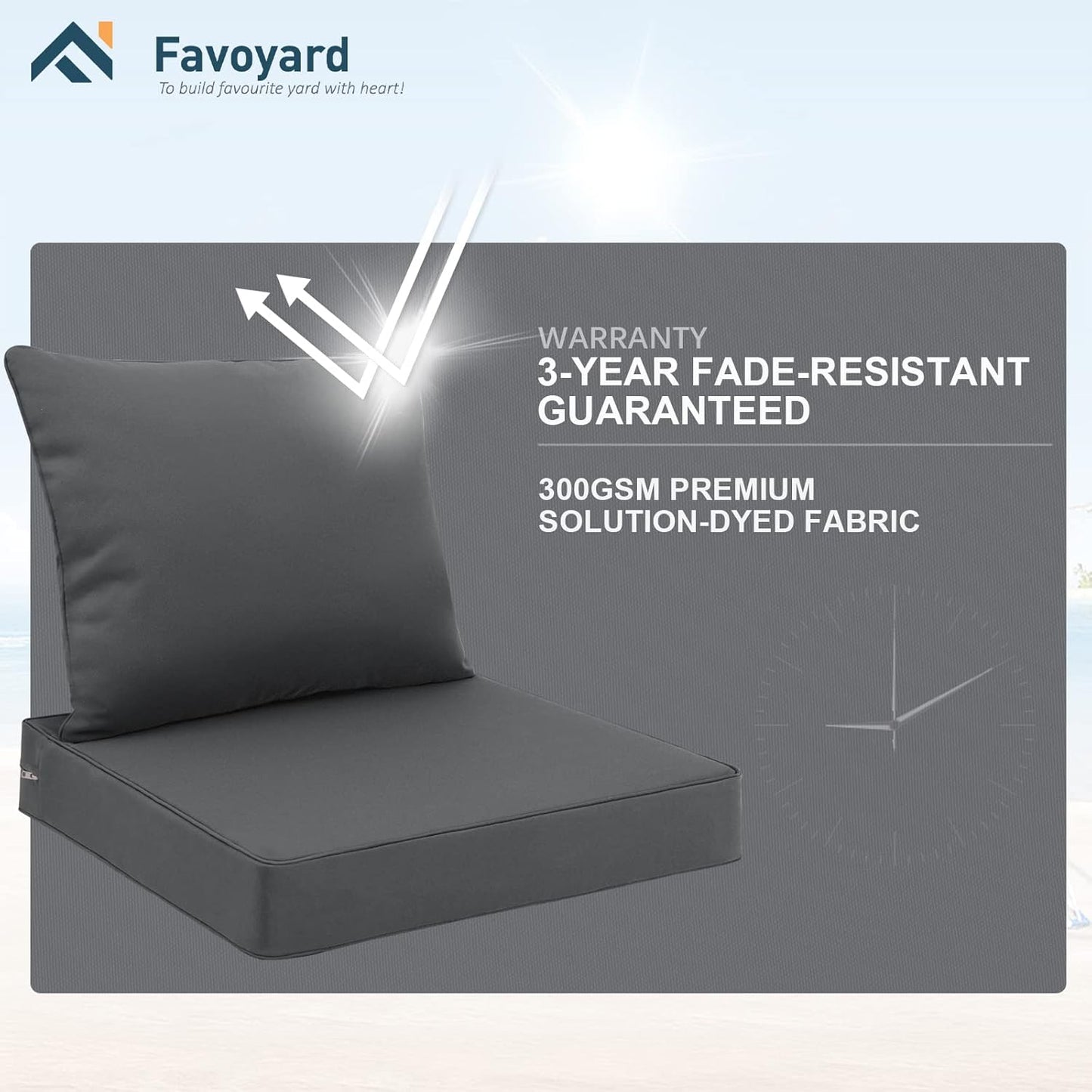 Favoyard Outdoor Seat Cushion Set 22 x 22 Inch Waterproof & Fade Resistant Patio Furniture Cushions with Removable Cover Deep Seat & Back Cushion with Handle and Adjustable Straps for Chair Sofa Couch