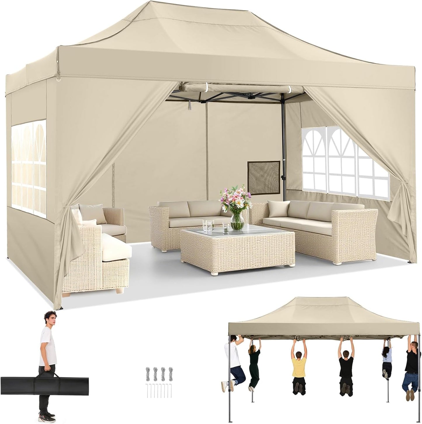 COBIZI 10x15 Pop up Canopy Heavy Duty with 4 Sidewalls, Easy Set-up Commercial Outdoor Party Canopy, 100% Waterproof Wedding Gazebo, 3 Height Adjustable with Handbag, Khaki