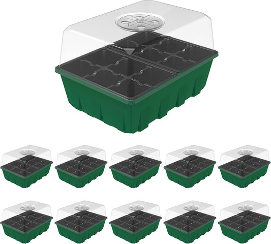 Gardzen 10-Set Garden Propagator Set, Black Seed Tray Kits with 120-Cell, Seed Starter Trays with Dome and Green Base 6.6" x 4.5" (12-Cell Per Tray)