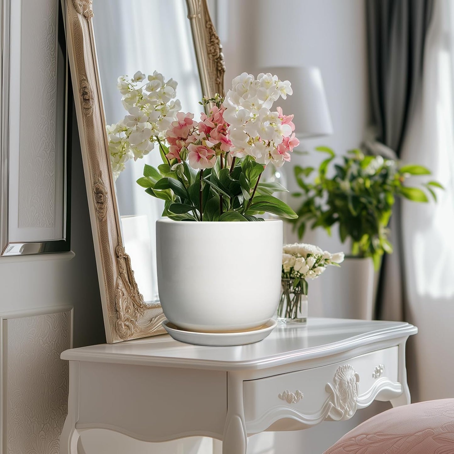 Ceramic Plant Pot - Modern 8 Inch Round Planter for Indoor Outdoor Plants with Drainage Hole and Saucer, Home House Room Office Decor, White