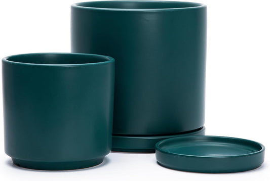 D'vine Dev 6 Inch & 8 Inch Ceramic Planter Pots for Plants with Drainage Hole and Saucer, Medium Plant Pots Set, Teal, 94-G-M-9