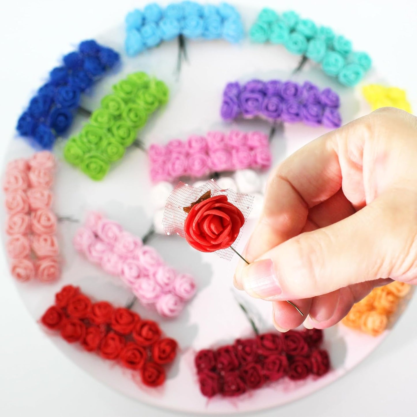 500 Pcs 0.6 Inch Mini Artificial Flowers Head Bulk 5 in 1 Set Faux Foam Fake Small Rose Tiny Baby Flores Bouquet Wreath Gift Hair Clip Home Decoration DIY Craft (Hot Pink)