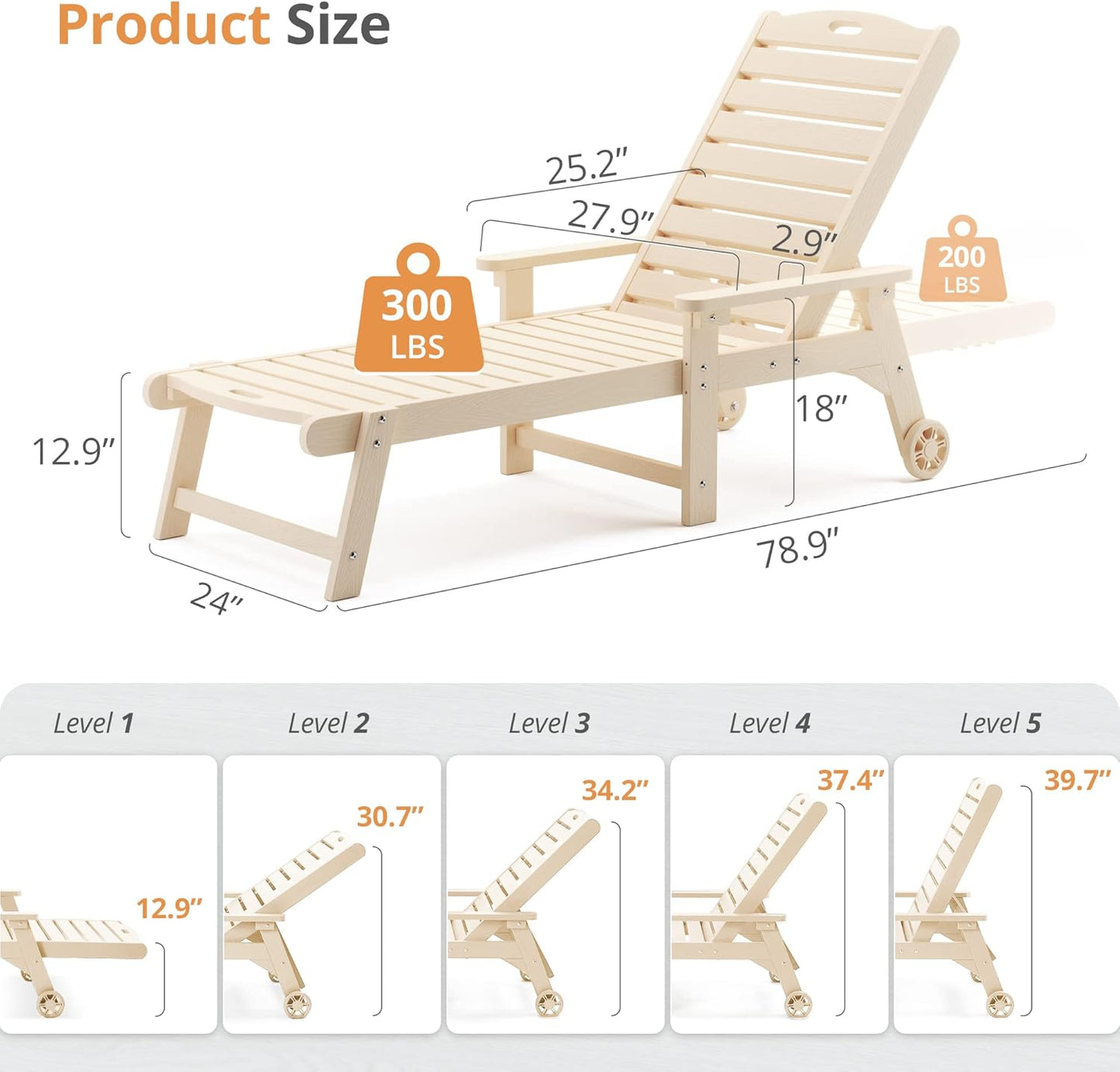 LUE BONA Outdoor Chaise Lounge Chairs Set of 4, 79'' Oversized HDPS Chaise Lounger, 5 Positions Adjustable Lounge Chairs, Pool Lounge Chair with Wheels for Poolside, 3 Year Warranty, Sand