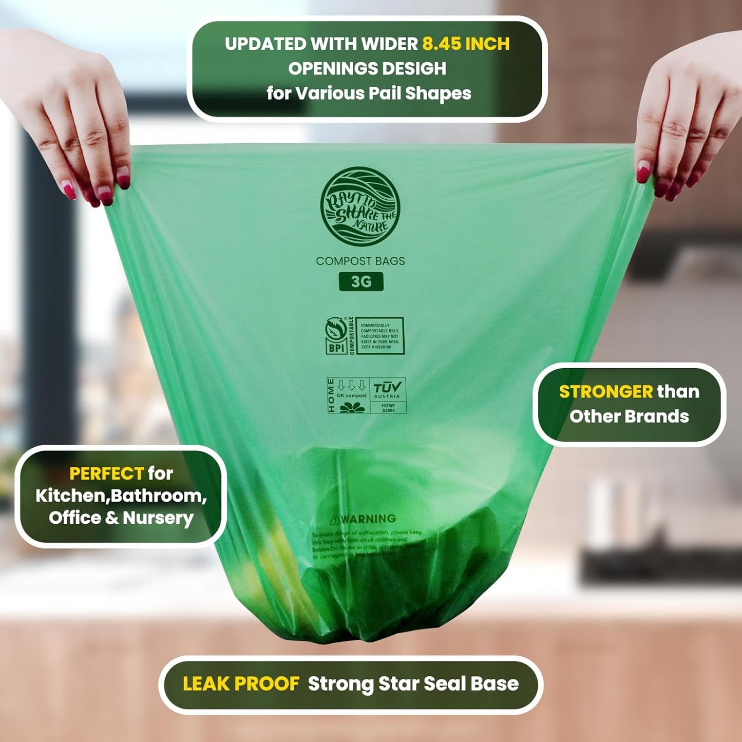 Compost Bags 3 Gallon,100 Count,Compost Food Scrap Waste Bags Fits Countertop Bin,Small Kitchen Food Scrap Waste Bags,Compost bin bags,Certified by BPI,ASTM D6400 and OK compost HOME certified