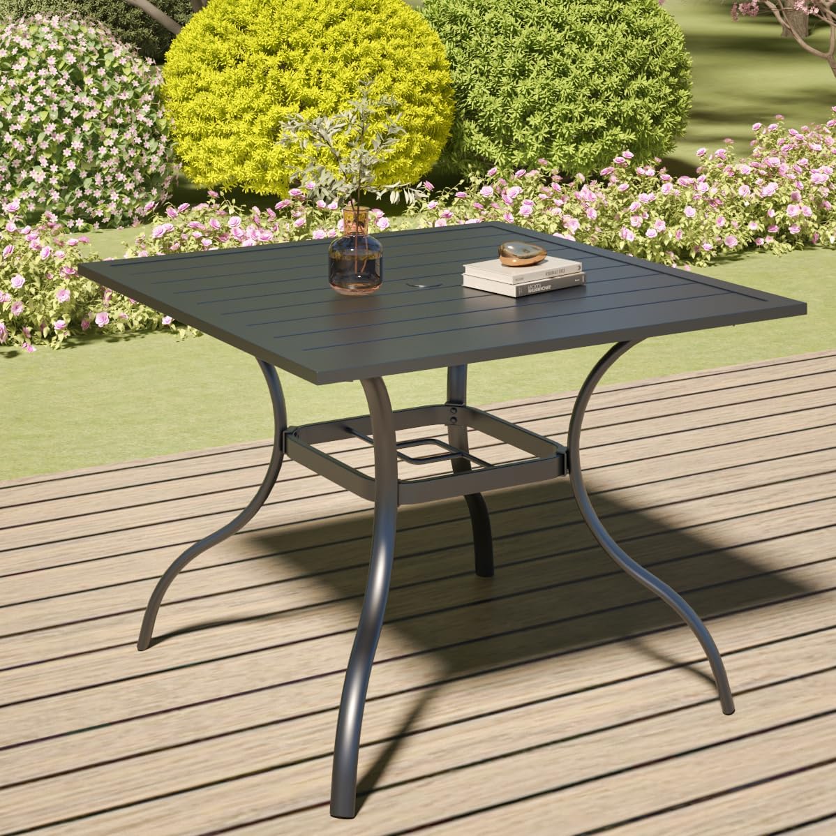 Anumutig 5-Piece Patio Dining Set, 35-Inch Square Patio Table with 4 Stackable Chairs, Weather-Resistant Frame, Brown
