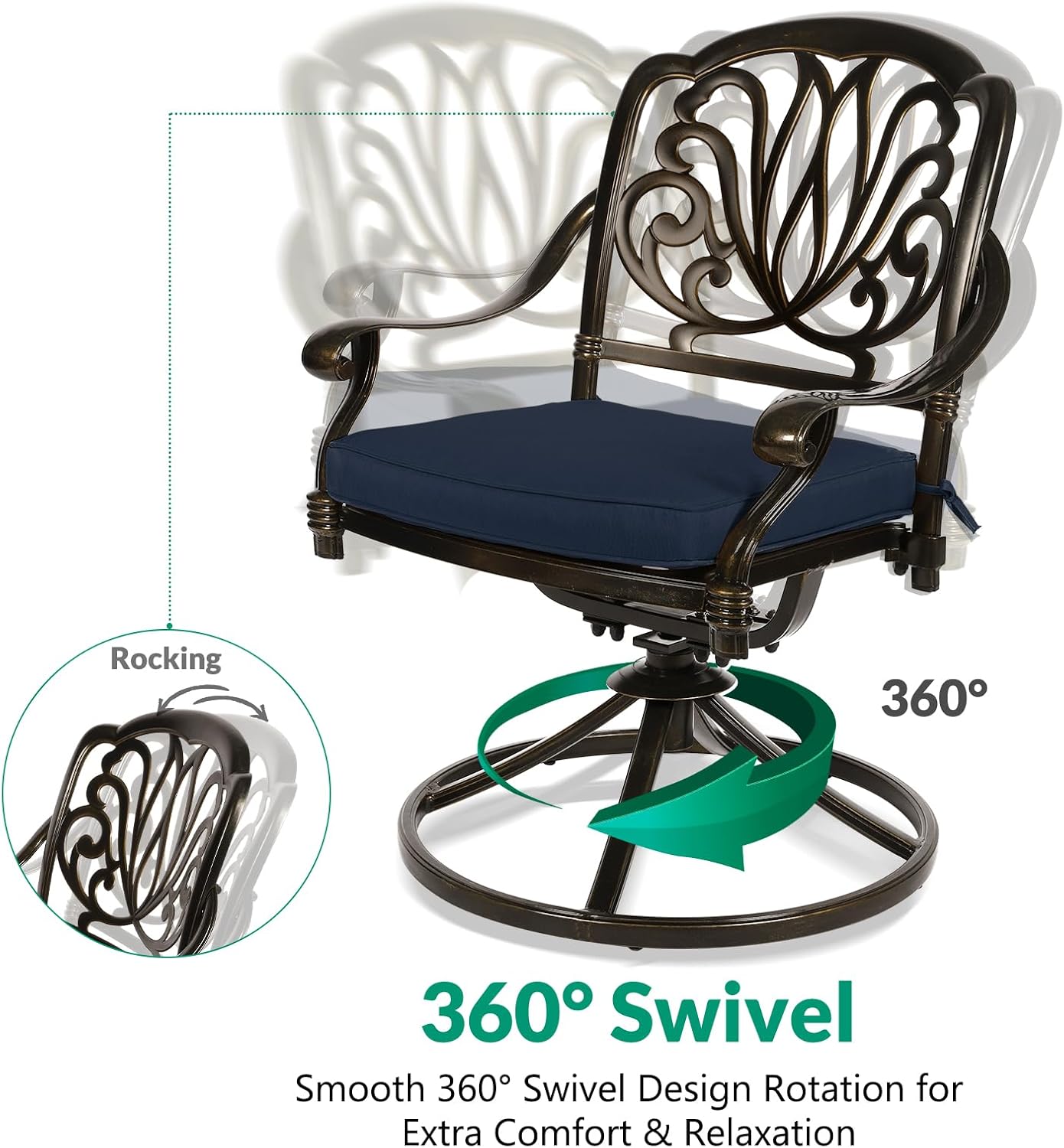 VIVIJASON 3-Piece Patio Furniture Dining Set, Outdoor All-Weather Cast Aluminum Bistro Set, Include 2 Swivel Chairs and 31" Round Table w/Umbrella Hole for Balcony, Lawn, Garden (Navy Blue Cushion)