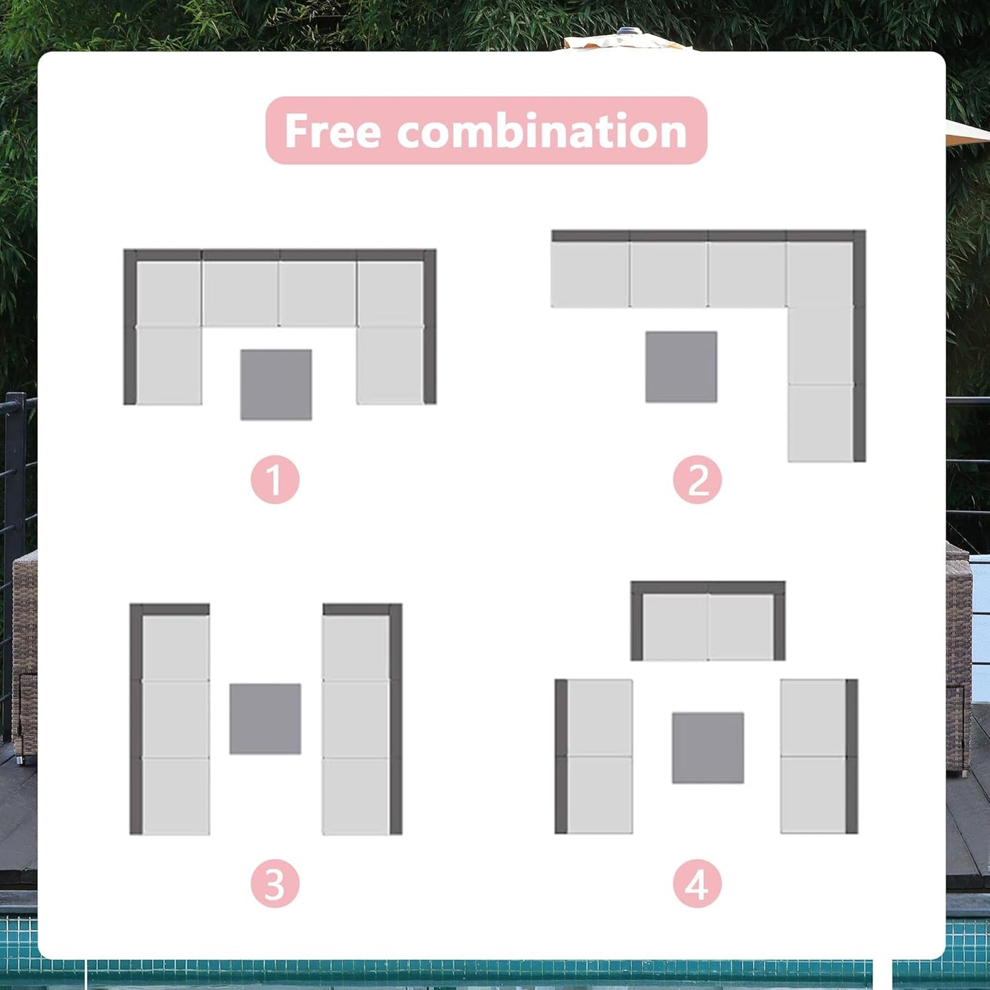 7-Piece Patio Furniture Set - Outdoor Sectional Sofa Set with Cushions and Glass-Top Coffee Table for Gardens, Poolside, Backyards and Porches, Black/Grey