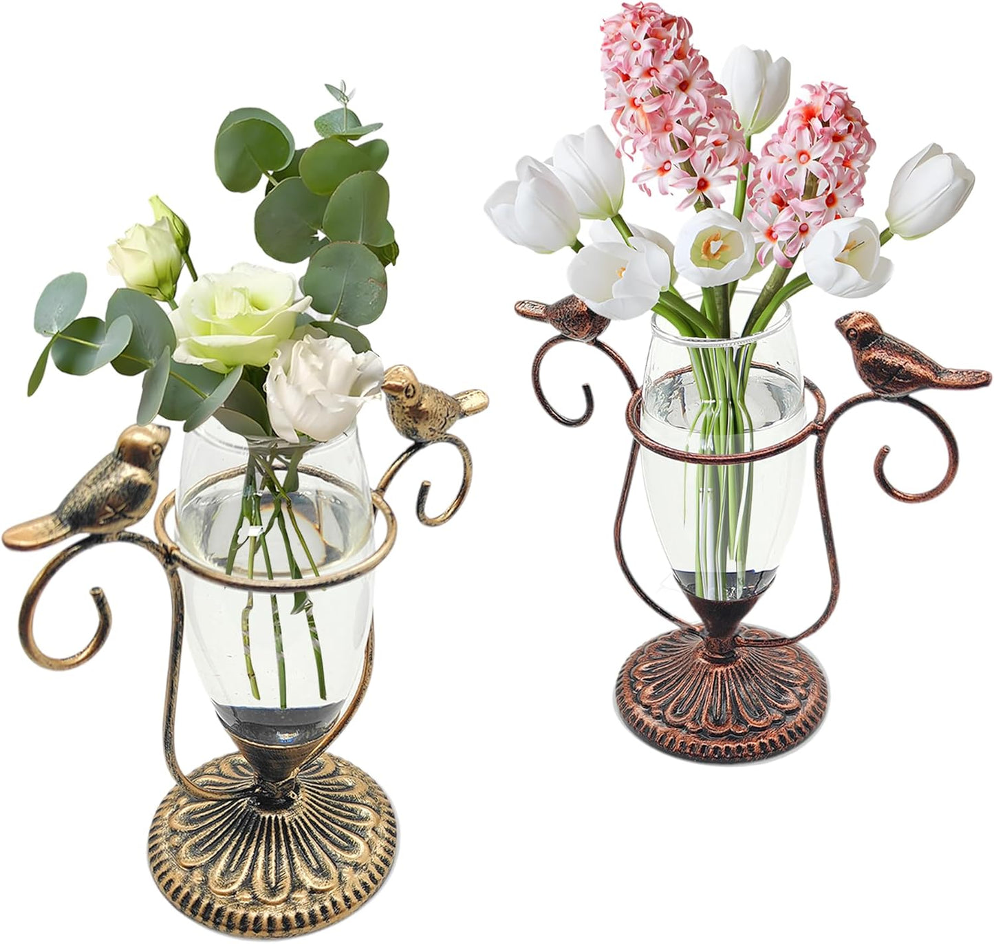 2 Pack Desktop Plant Terrarium,Bird Art Glass Propagation Vase, Propagation Planters with Vintage Metal Frame, Suitable for Decoration of Desktop Hydroponic Plants in Office and Living Room