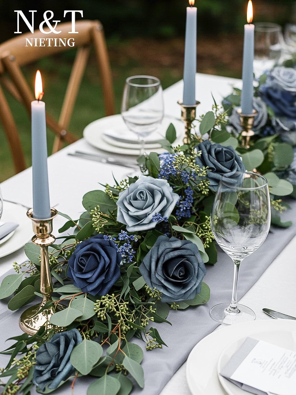 N&T NIETING Dusty Blue Fake Roses,50pcs Artificial Flowers Faux Flowers Fake Flowers for DIY Wedding Bouquets Centerpieces Floral Arrangements Home Decorations Shades of Navy Blue