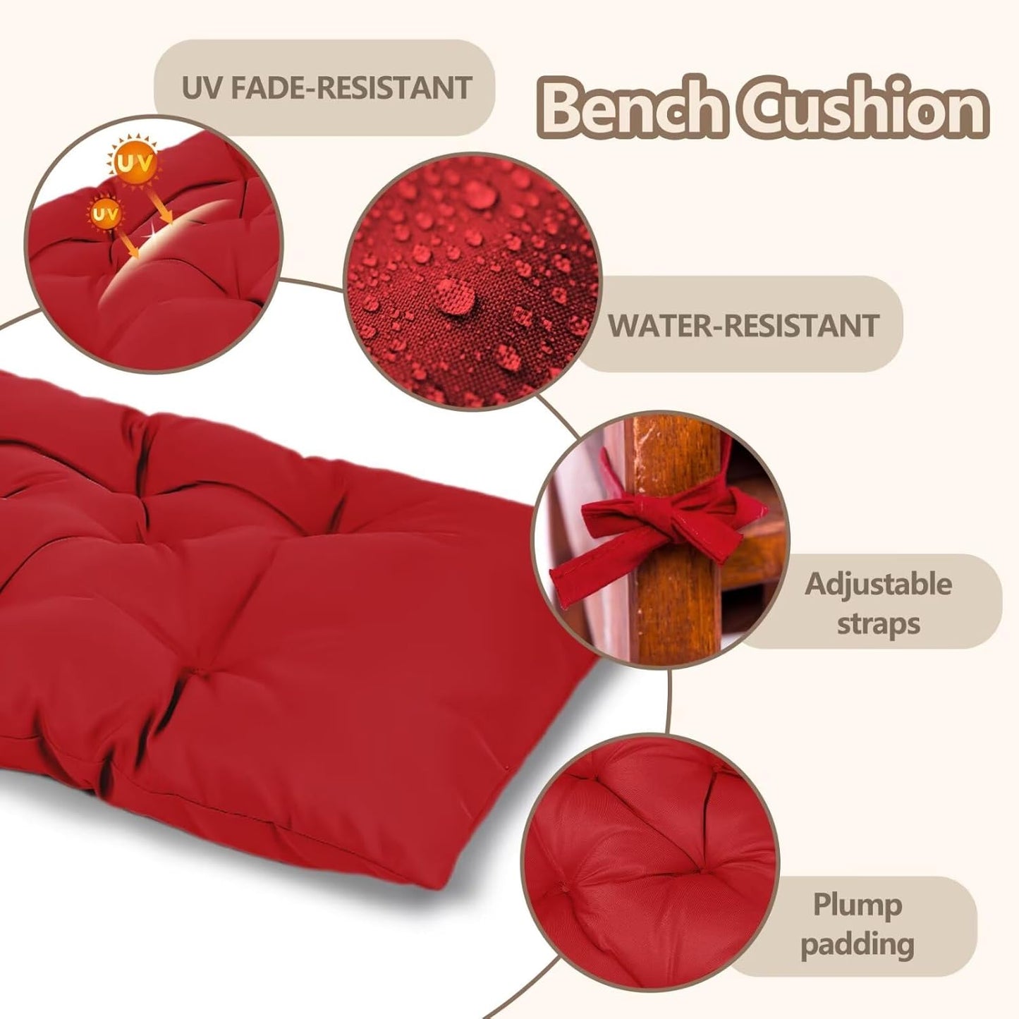 47.3 in Waterproof Indoor/Outdoor Garden Bench Seat Cushions，Thicken Patio Bench Soft Rocking Chairs Pad Lounger Seat for Wicker Loveseat Settee（47.3 X 19.6 X 3.9 inch，Red ）