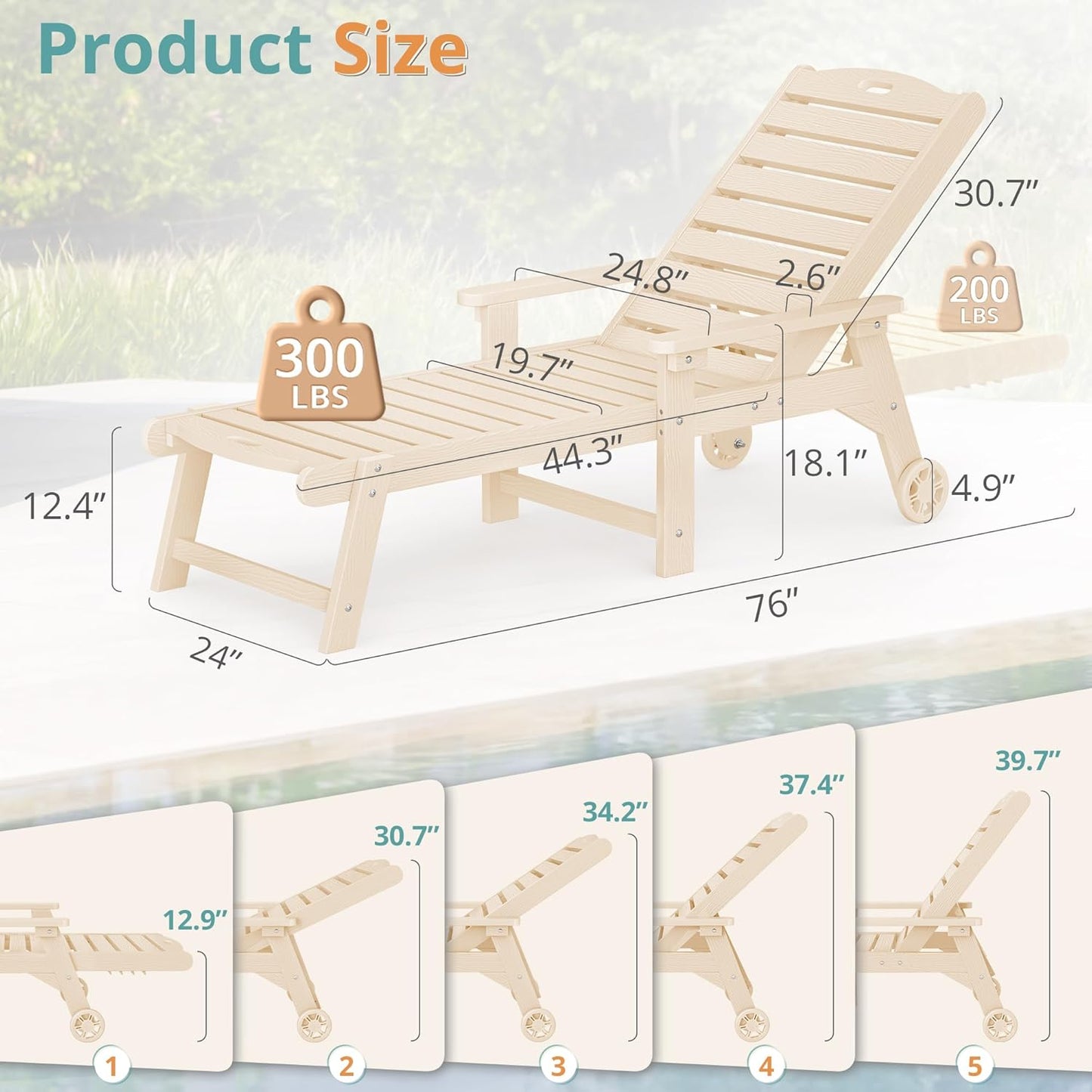 LUE BONA Outdoor Chaise Lounge Chairs Set of 2, HDPS Chaise Lounger, 5 Positions Adjustable Lounge Chairs, Pool Lounge Chair with Wheels for Poolside, Backyard, 3 Year Warranty, Sand