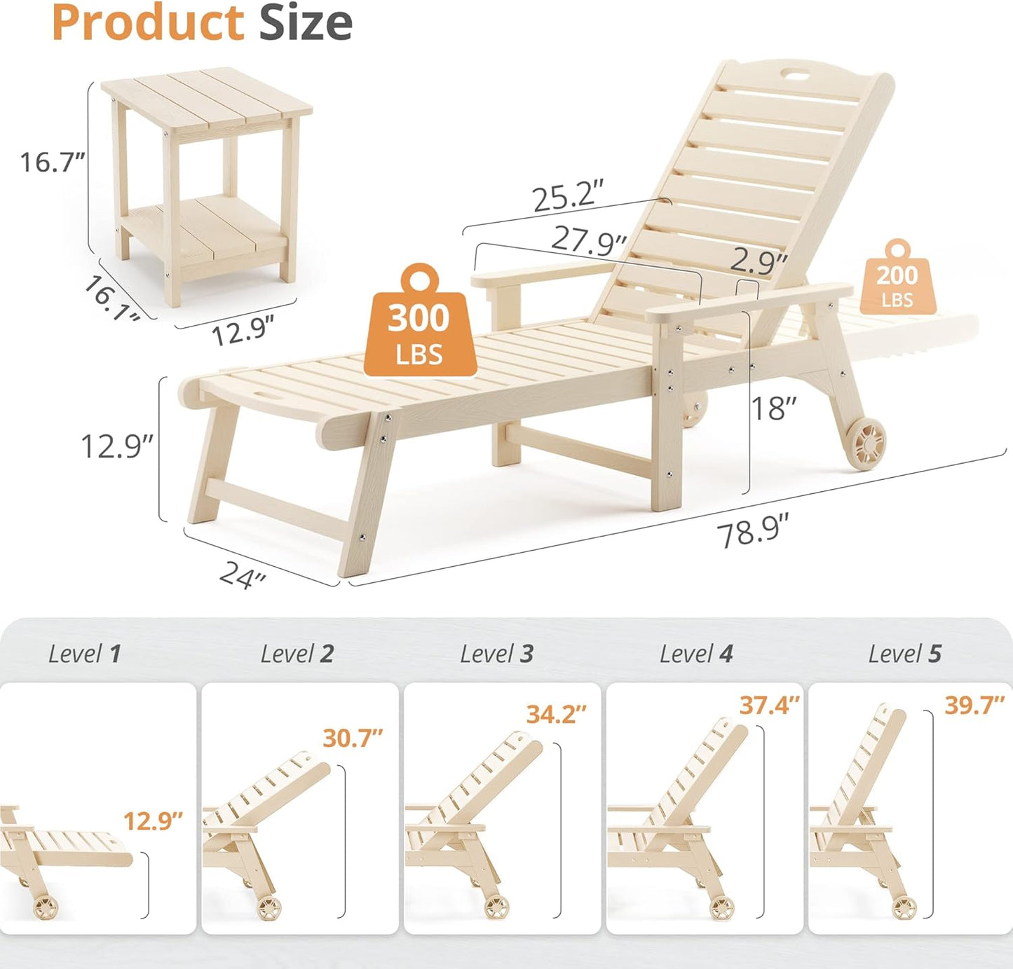 LUE BONA Chaise Lounge Chairs Set with Table, 3-Piece, 79'' Oversized HDPS Material, 5 Positions Adjustable Patio Lounge Chairs, Pool Lounge Chair with Wheels for Poolside, 3-Year Warranty, Sand