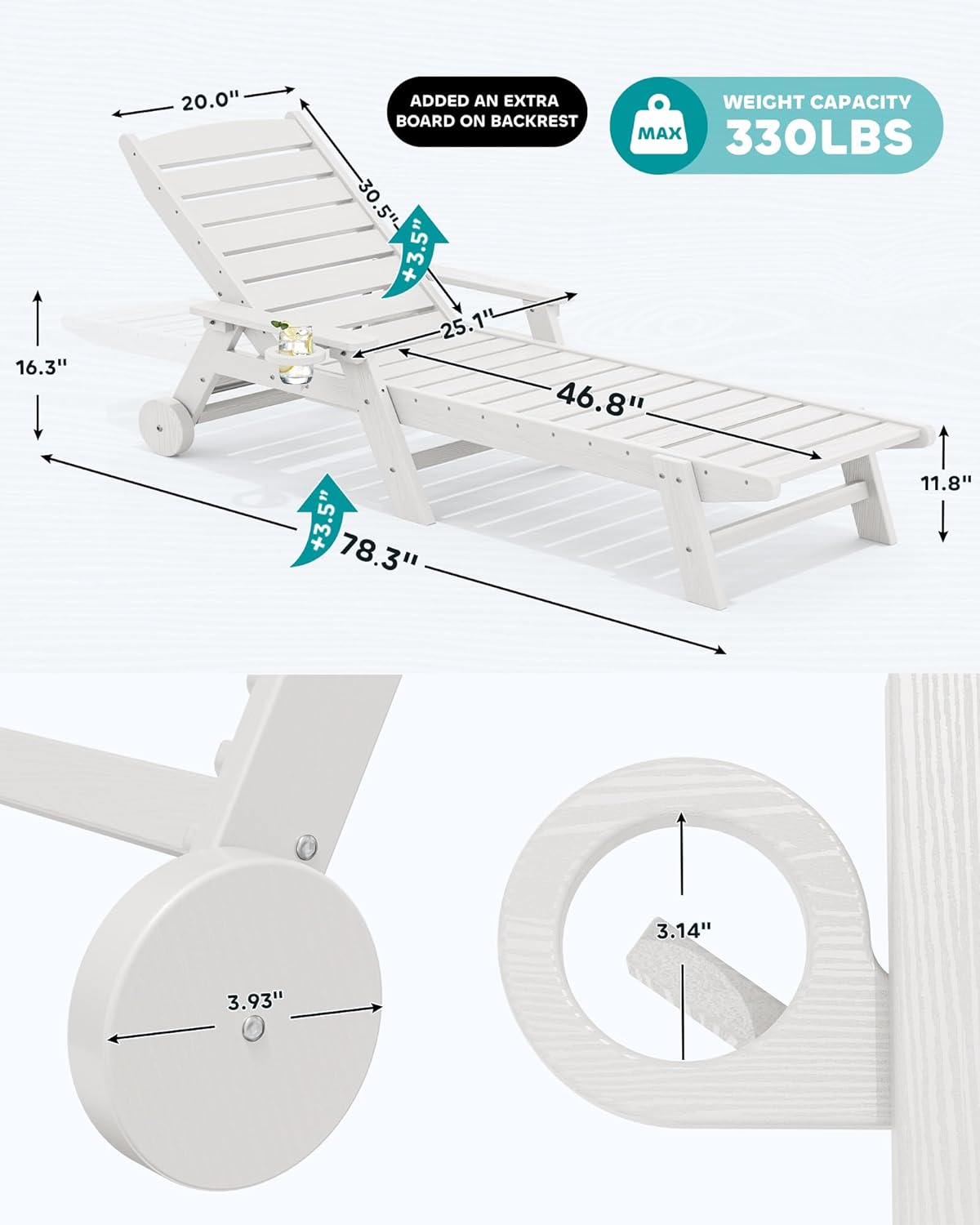 SERWALL Patio Chaise Lounge Chair Set of 2 with 9FT Patio Umbrella, 78'' HDPE Outdoor Lounger, Poly Lounge Chair with Rolling Wheels & Cup Holder for Pool,Light White (Umbreall Base not Included)