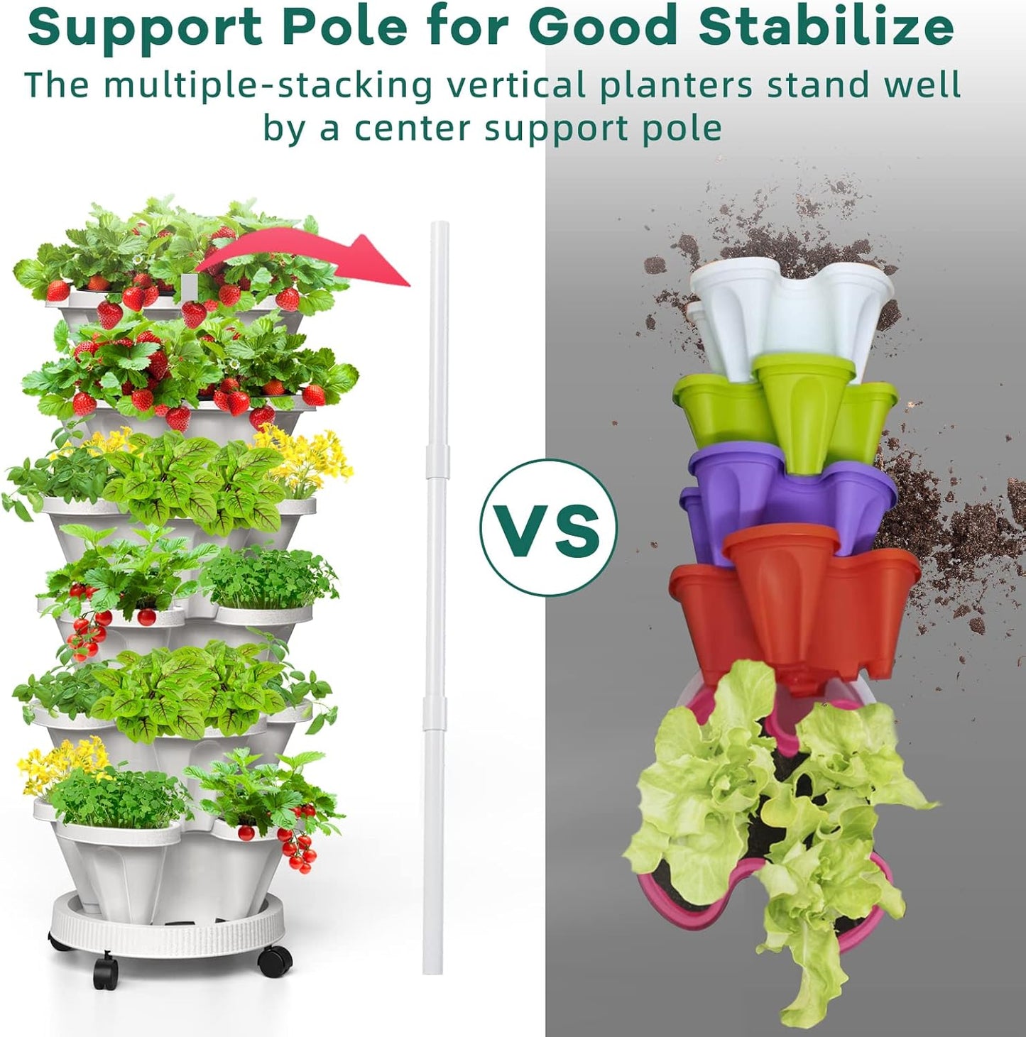 6 Tiered Strawberry Vertical Planters 2 Pack, Stacking Tower Garden with Support Pole, Stackable Herb Vegetable Planter Indoor Outdoor White