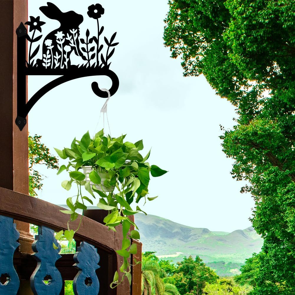 Peacoblue Iron Plant Hangers Hooks for Outdoor Indoor Hanging Plants Flower Fern Pots, Lantern, Bird Feeder, Wind Chimes, 12”x14” Weather Resistant Metal Wall Holder for Porch Garden Farmhouse(Rabbit)