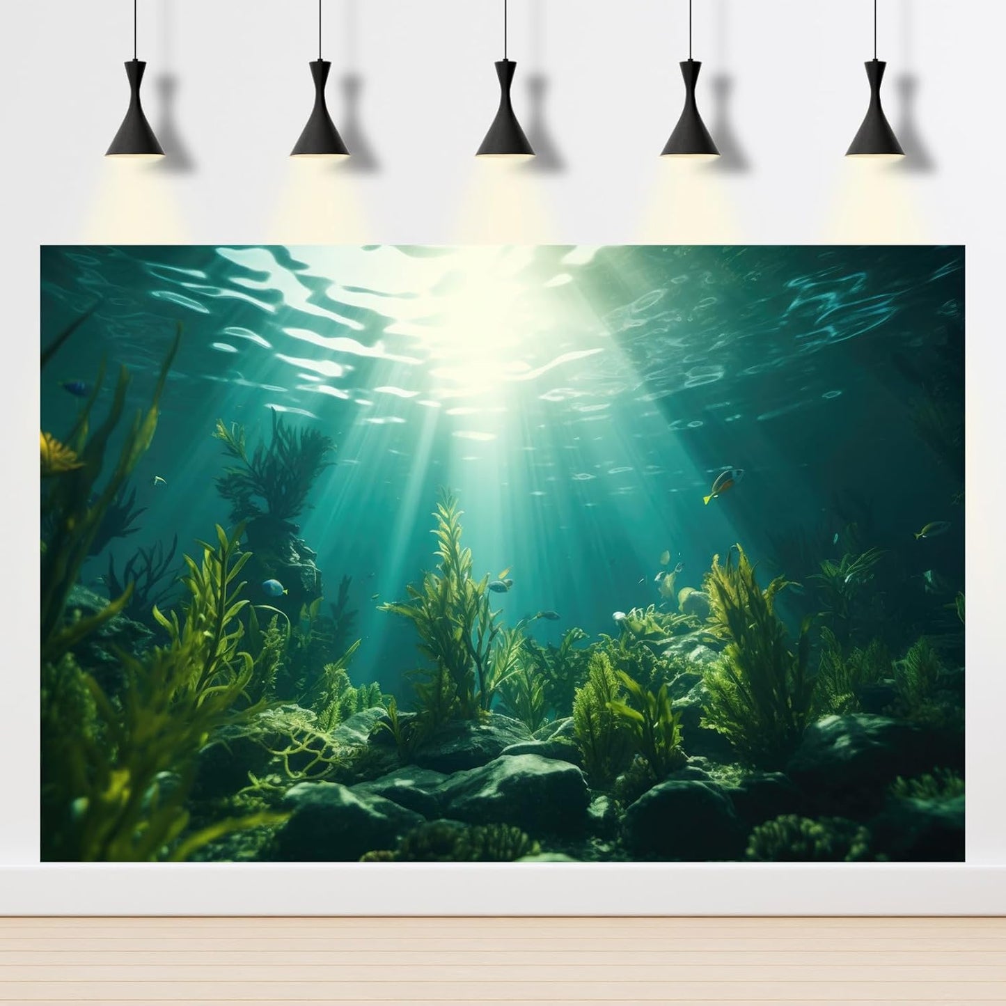 Ocean Aquarium Background Aquatic Plants with Rocks Terrarium Backdrop Sunlight Rays Deep Sea Fish Tank Background Aquarium Wallpaper Poster Decor Vinyl 48x20in