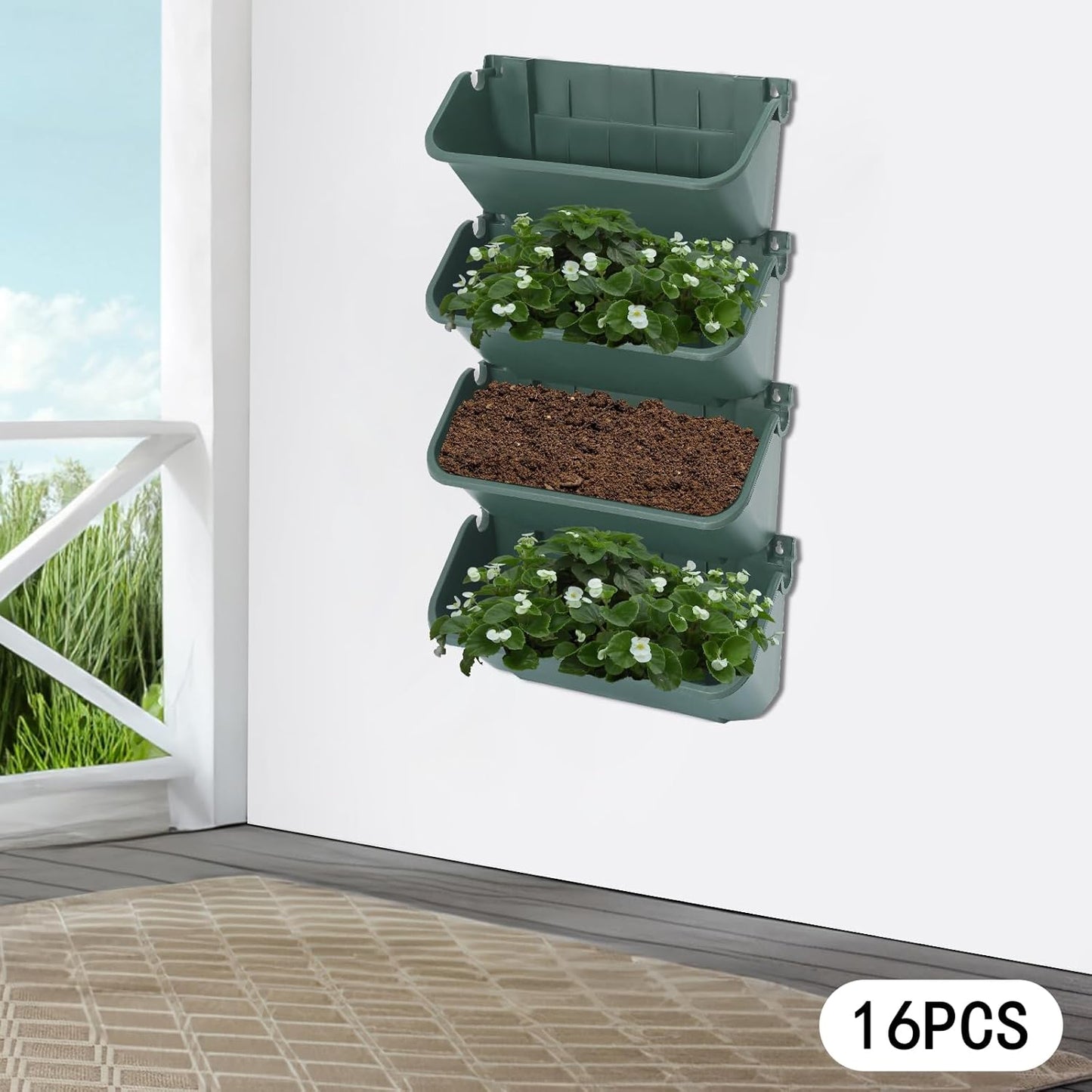 16 Pack Self Watering Wall Mounted Planter, Indoor and Outdoor Vertical Planter Wall Mounted Planter for Patio Outdoor Decor with Drainage Holes, Vertical Garden Planters for Indoor Plants- Green