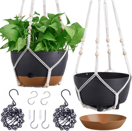 Set of 2-10 Inch Hanging Planters for Indoor Plants with Self-Watering Includes Hanging Pots for Plants, Outdoor Hanging Plant Pot with Drainage, and 2 Types of Hanging Baskets Hangers (Black, 10inch)