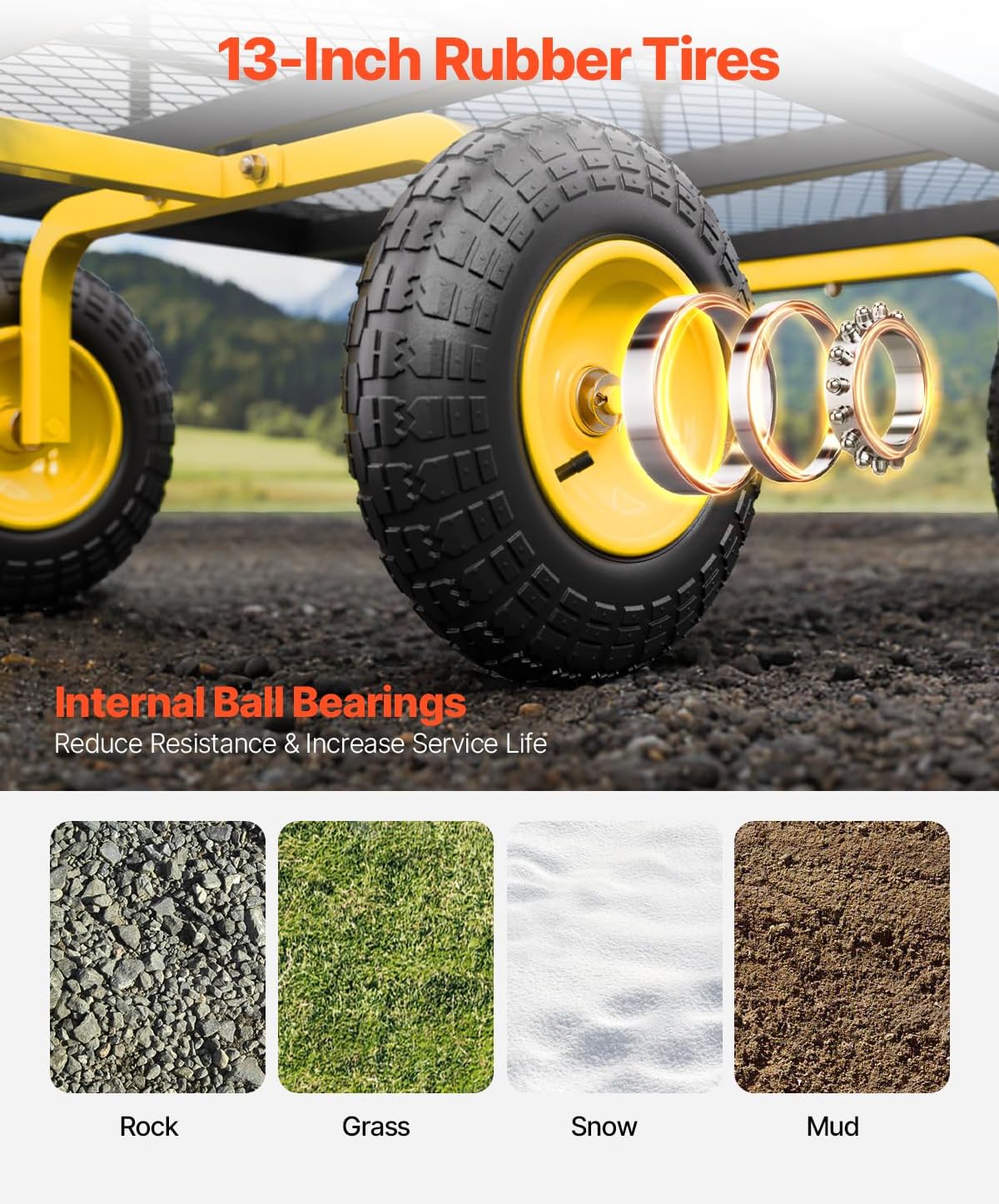 VEVOR 1200 Lbs Steel Garden Cart, Heavy Duty Pullable Garden Wagon Yard Cart, 2 in 1 Outdoor Metal Utility Wagon Yard Trailer with 13" All Terrain Tires, Mesh Removable Sides and 180°Rotating Handle