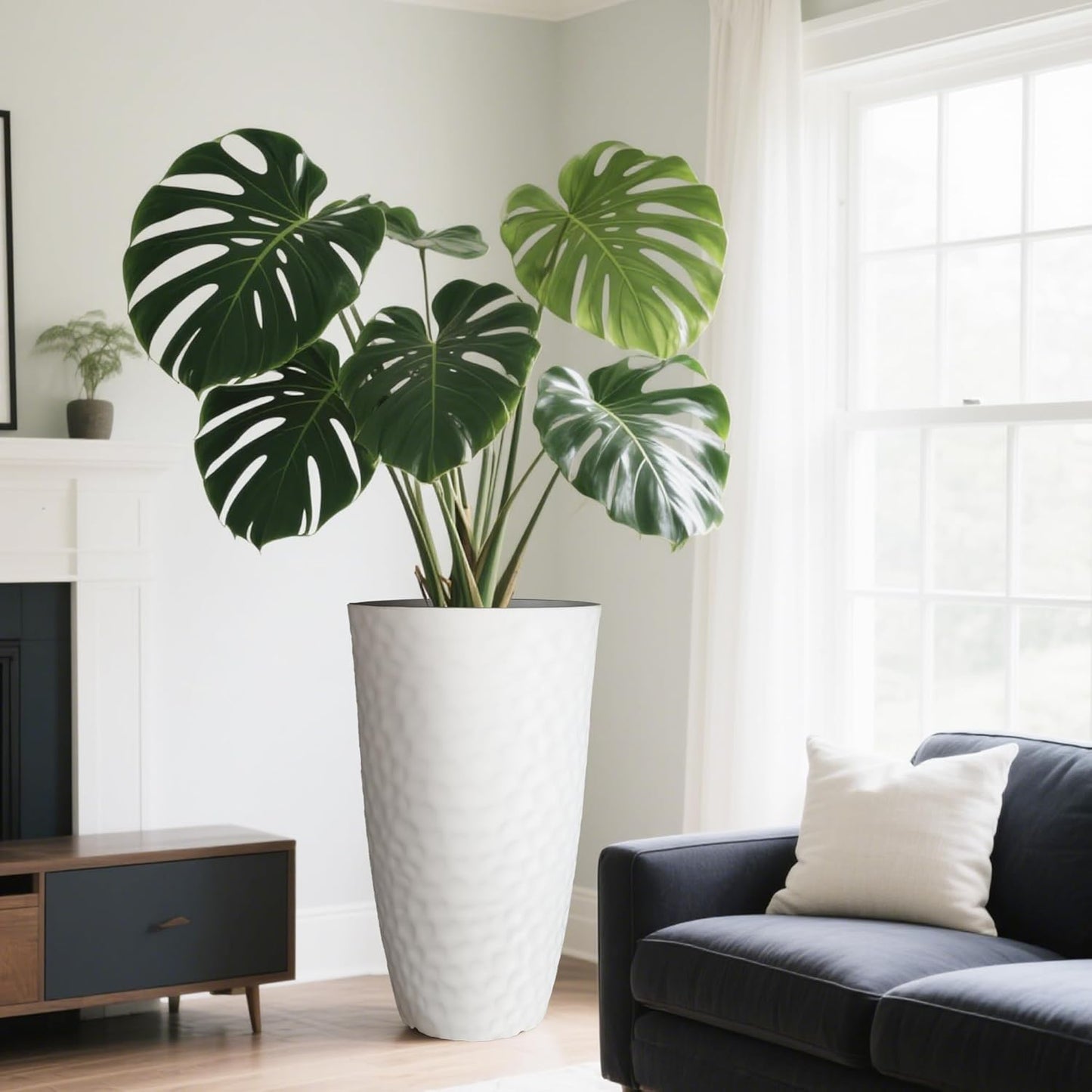 Worth Garden 24" H Tall Hammered Texture Planters Set of 2 - Matte White Plastic Flower Pot with Drainage Holes, Modern Outdoor Indoor Lightweight Pots for Large Plants, Durable Decor Containers