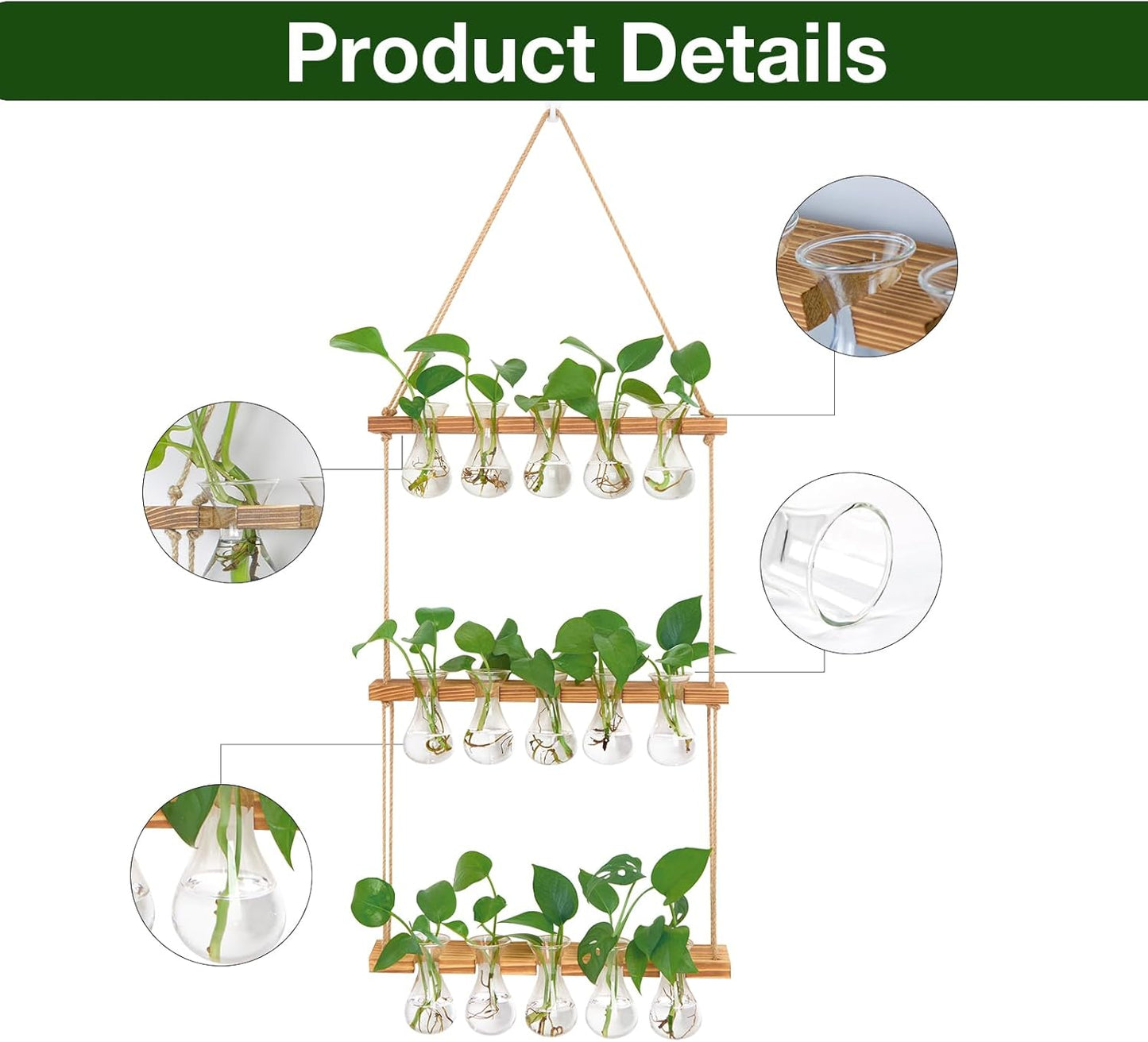 XXXFLOWER Wall Hanging Propagation Station with Wooden Stand 5 Bulb Vase 3 Tiered Planters Wall Terrarium for Home Office Plant Hanger Flower Vases Wall Decor