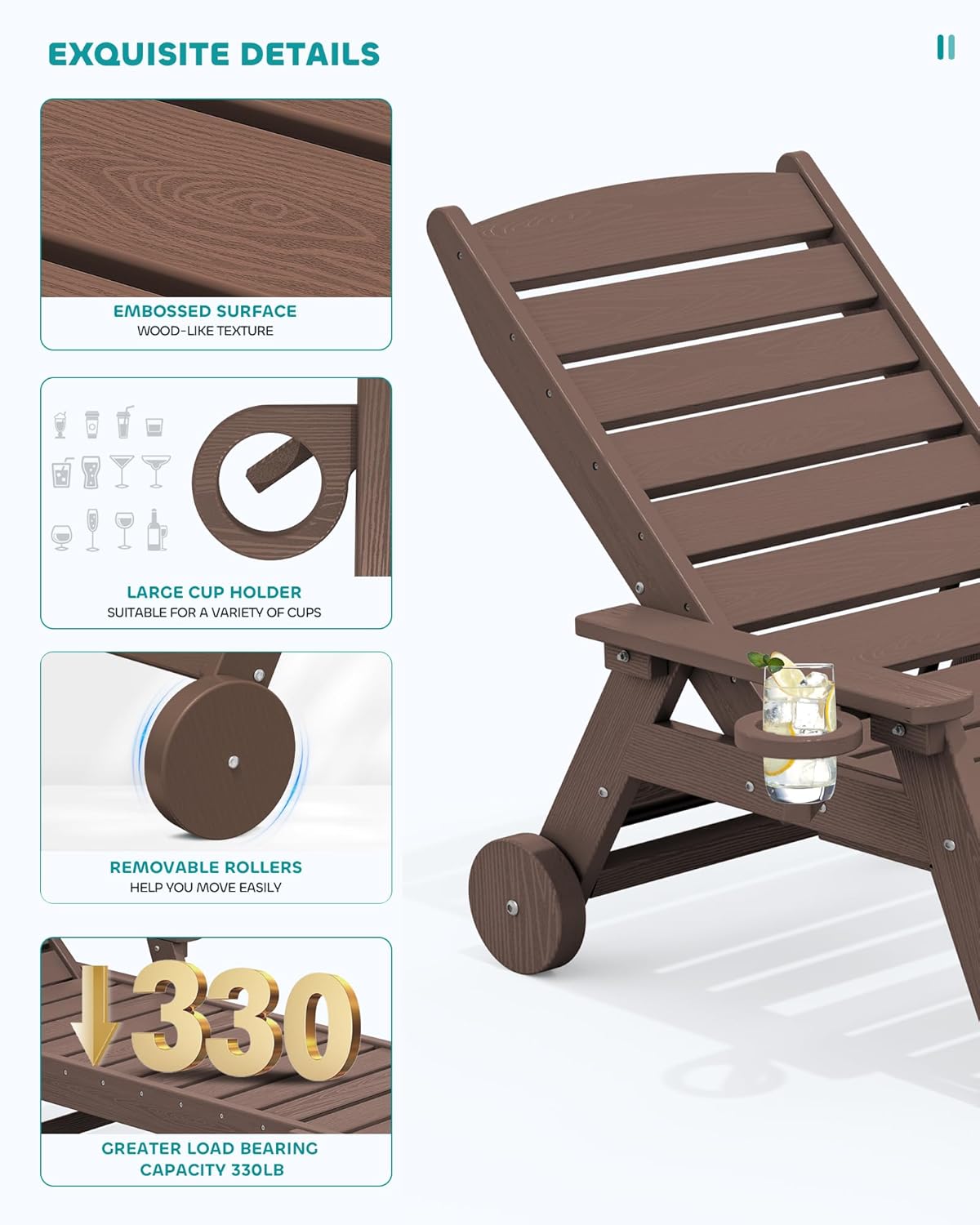 SERWALL Patio Chaise Lounge Chair, 78'' Long HDPE 5 Positions Adjustable Outdoor Lounger, Poly Lounge Chair with Rolling Wheels & Cup Holder for Pool, Coffee Brown