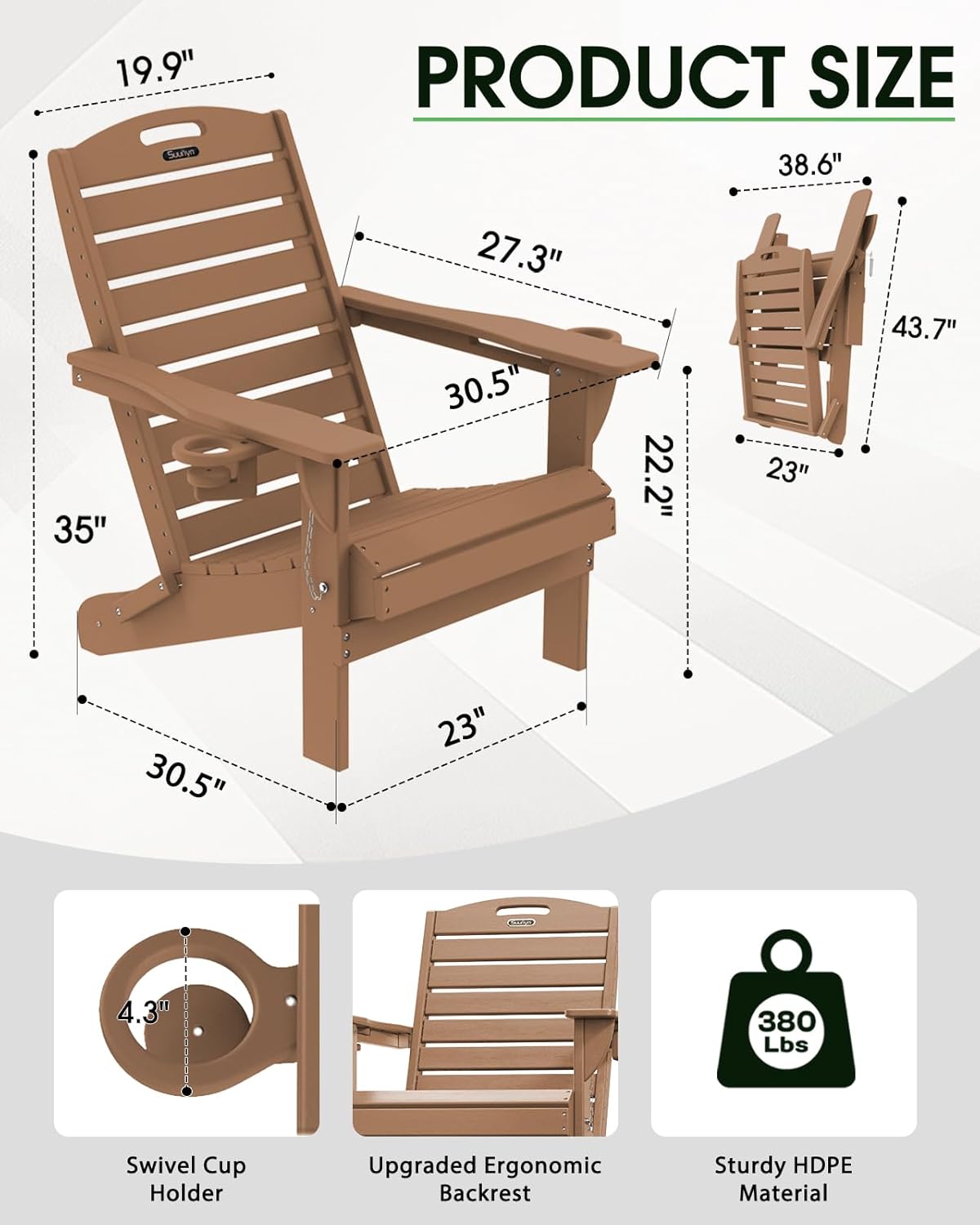 Adirondack Chairs Set of 4, Outdoor Fire Pit Chairs, HDPE All-Weather Adirondack Chairs with Cup Holder, Lawn Chair for Deck, Patio, Garden (Teak)