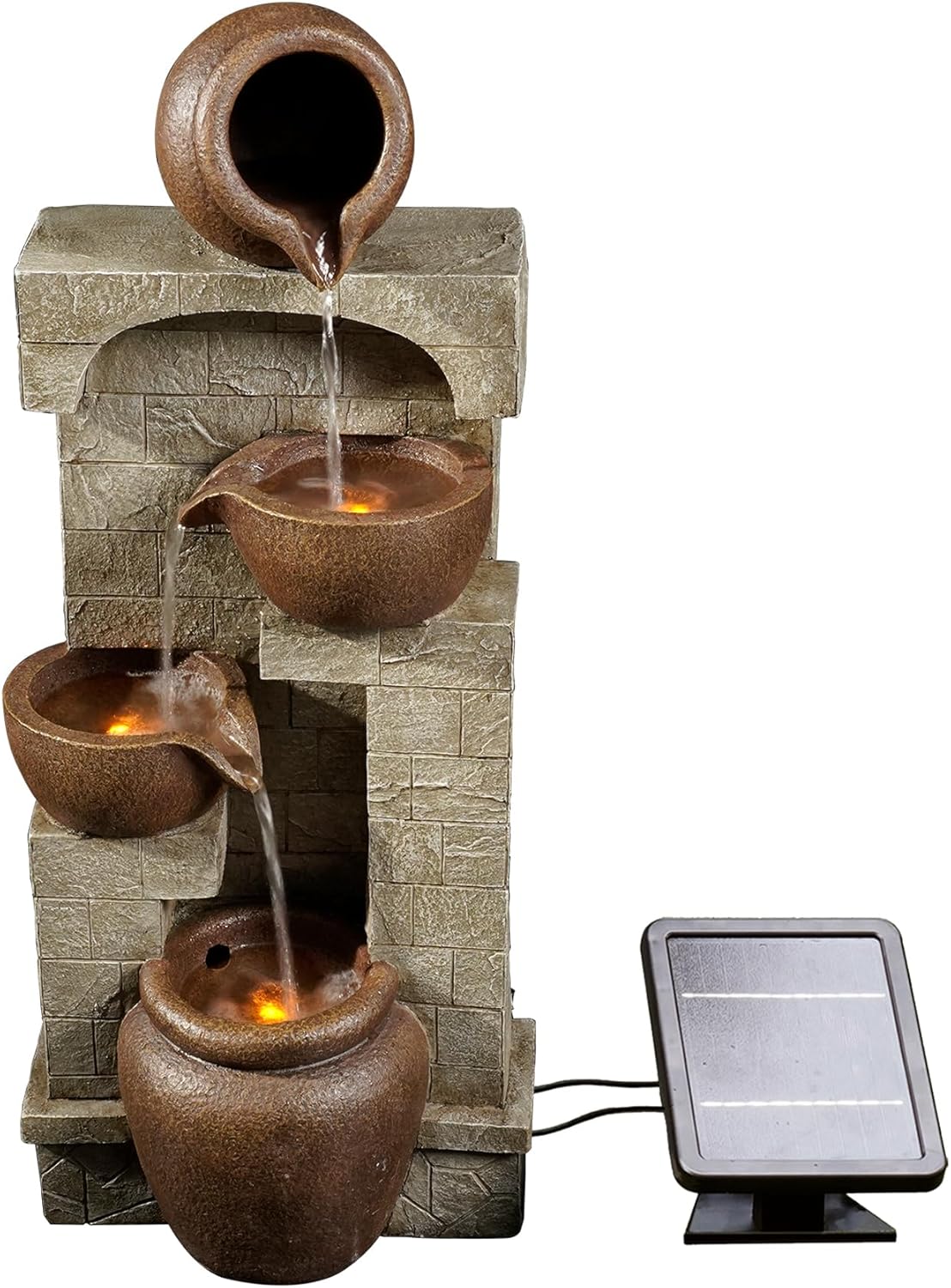 Teamson Home 28 in. Cascading Bowls and Stacked Stones LED Outdoor Water Fountain for Outdoor Living Spaces to Create a Calming Oasis in Gardens and Landscaping, on Patios, Balconies, Lawns, Brown