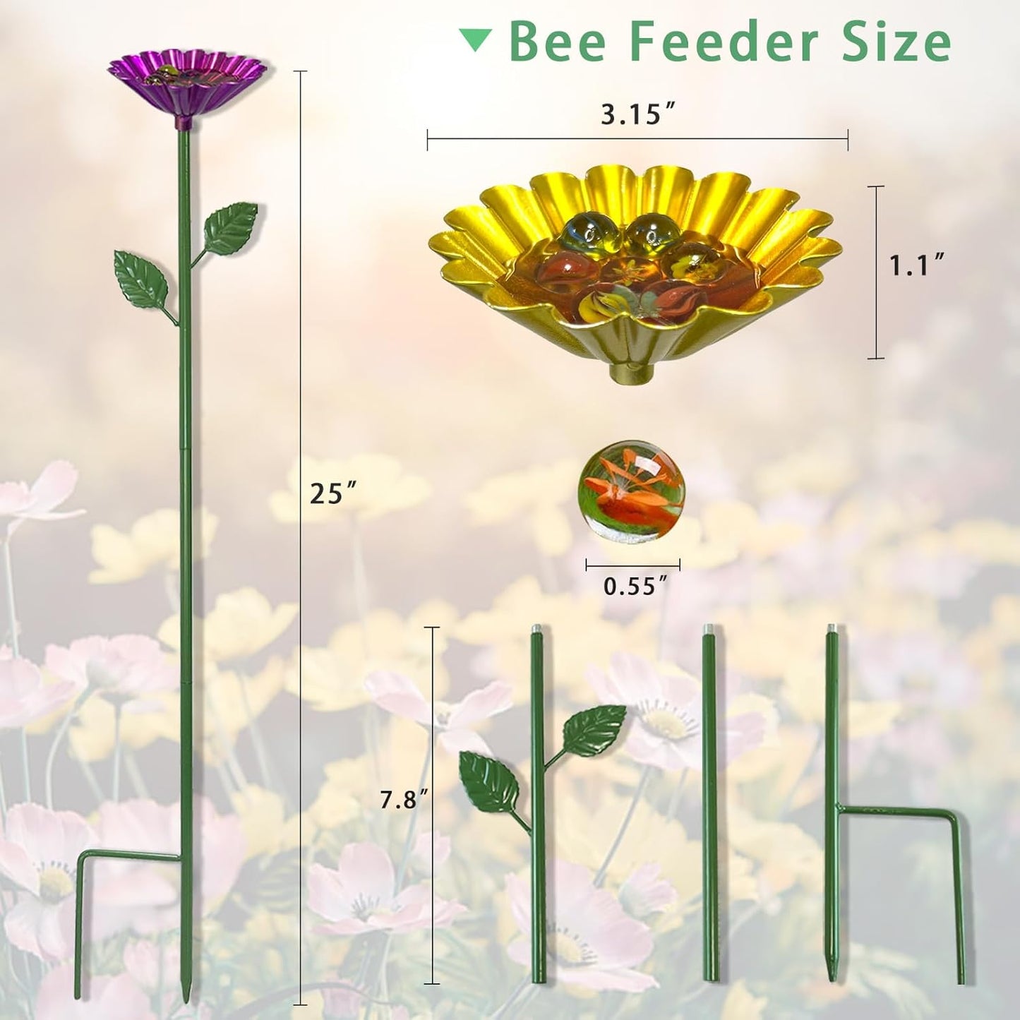 Bee Watering Station for Garden with 20 Marbles,Butterfly Watering Station for Outdoor Decor in Flower Design,Water Feeder to Attract Pollinators(Red,Green,Blue,Yellow)
