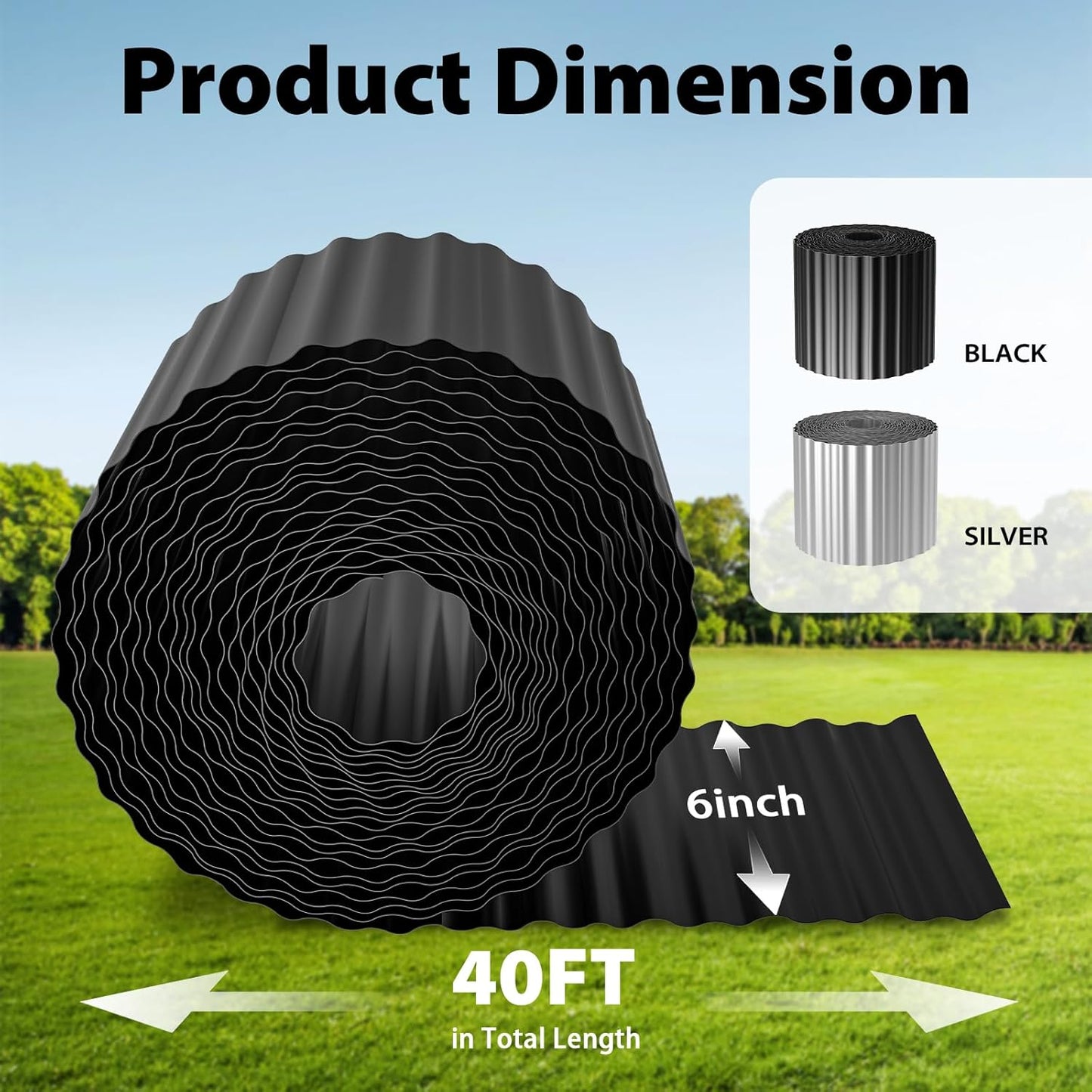 Used for DIY Metal Ripple Landscape Edging, Sturdy and Durable Garden Edging Border, Lawn and Tree Surround Fence Design (Black, 6"×40 Ft)